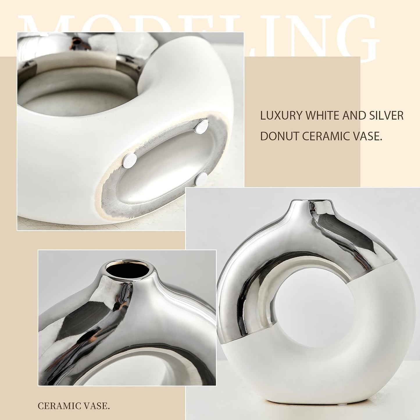 Ceramic Donut Vase / White & Silver / Large
