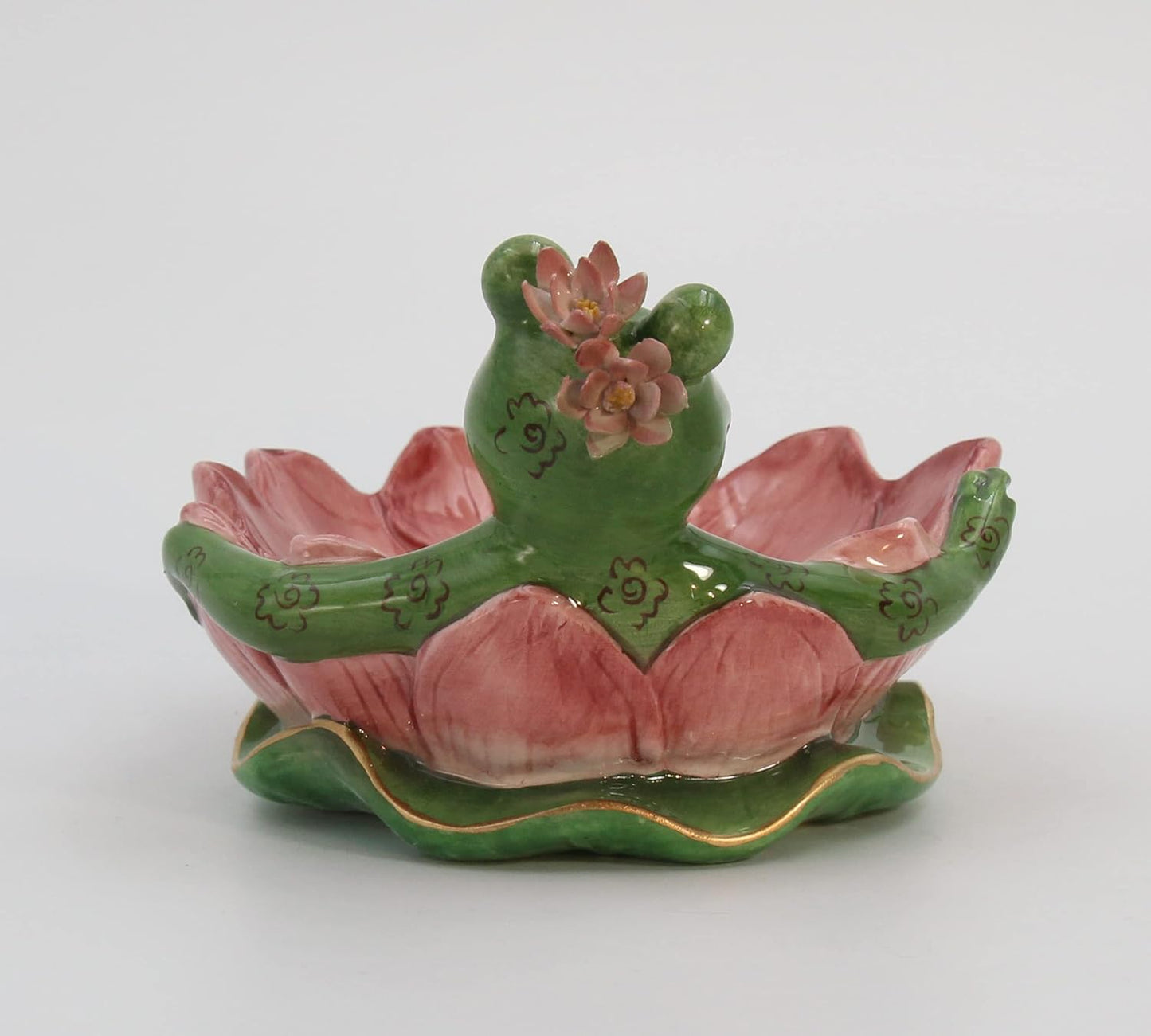 Fine Ceramic Hand Painted Lady Frog on Water Lily Lotus Flower Soap Dish or Nic Nac Dish or Jewelry