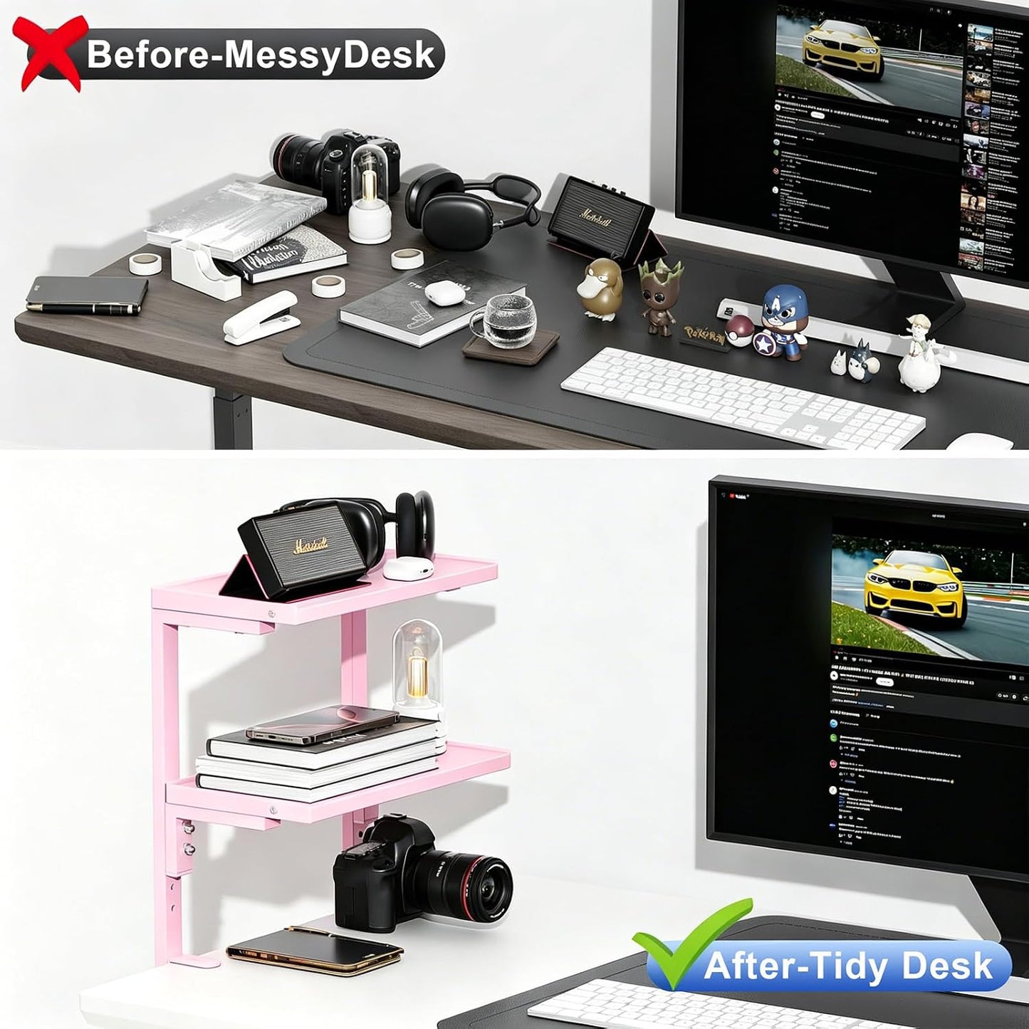 2-Tier Desk Shelf | Desk Organization Expandable Clamp on Desk Shelf Desktop Accessories for Offices and Game Rooms