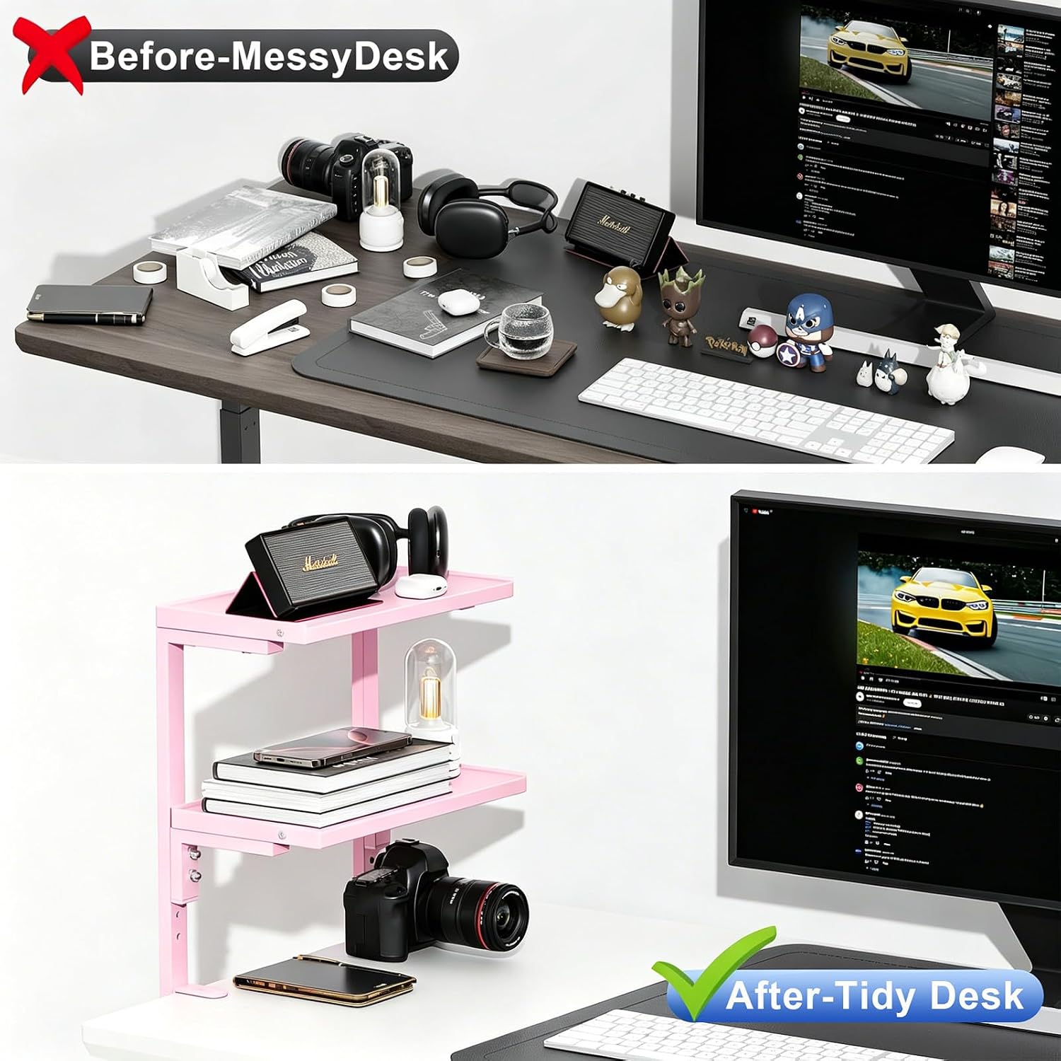Spacrea Clamp on Desk Shelf, 2 Tier Office Desk Shelves Organizer, Wood Desktop Supplies Storage Rack, Desk Organizers