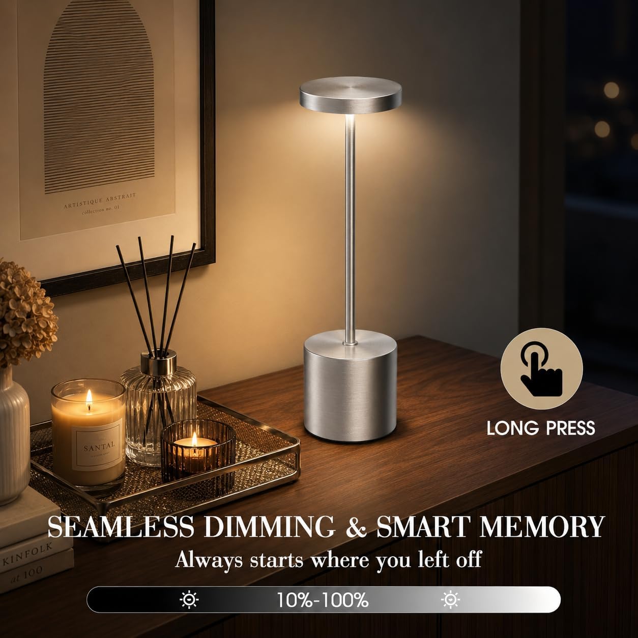 AUDLES Silver Rechargeable Table Lamps 2 Pack, Cordless Battery Operated LED Desk Lamp with Touch Control, 3 Color