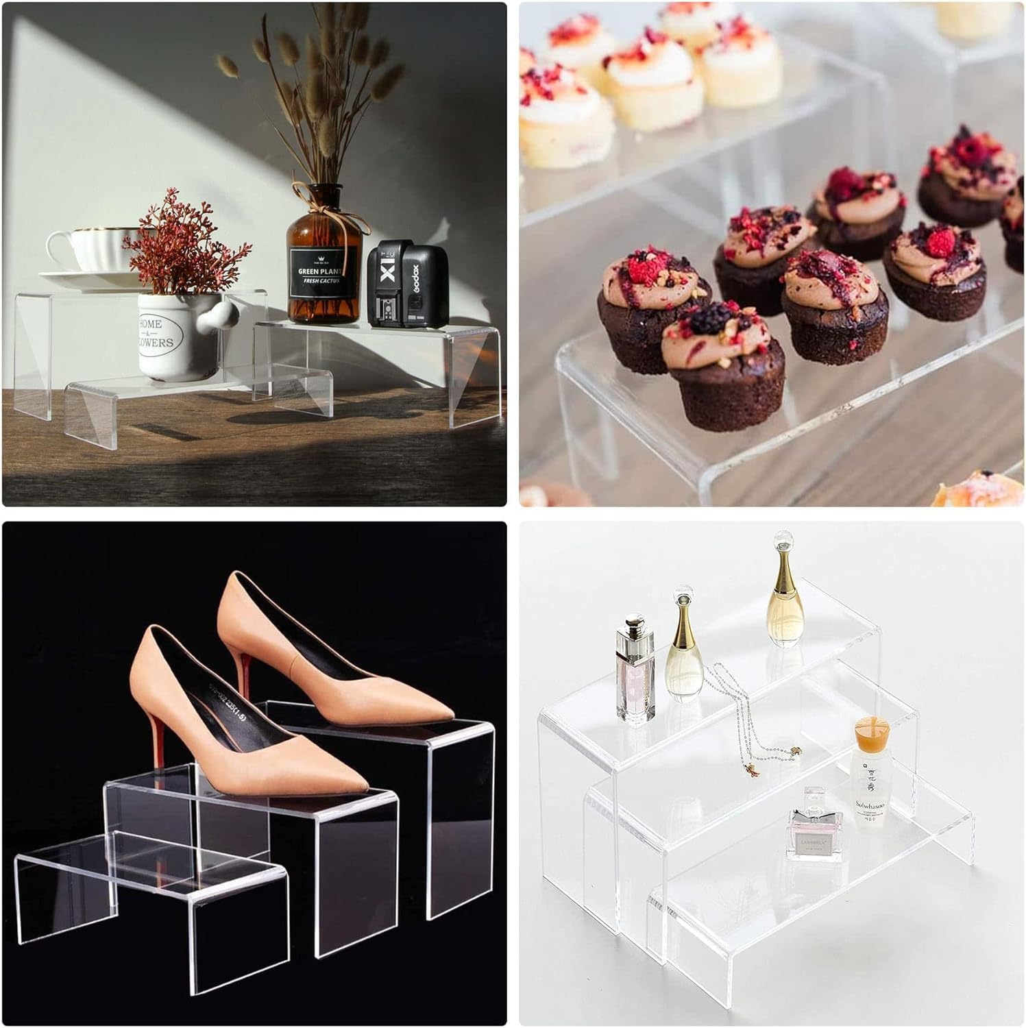 12 Pack Large Acrylic Risers, 4 Set(11.2”L~11.6”L~12”L) | Clear Rectangular Stands for Display, Acrylic Shelves for