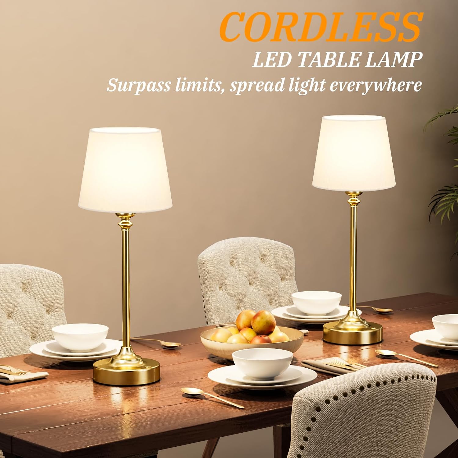 Kakanuo Cordless Table Lamps Rechargeable Set - 2 Pack Gold 4000mAH Battery Operated Lamps for Decor, 3000K Stepless