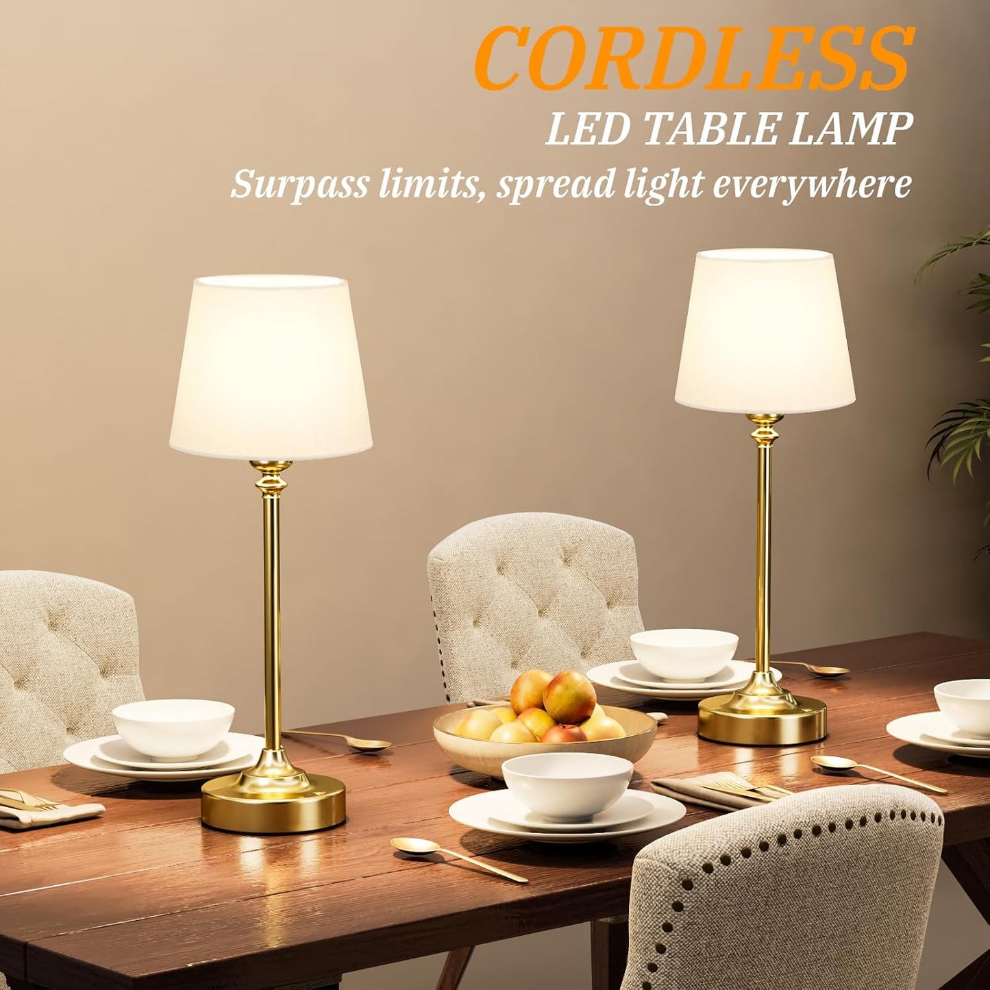 Kakanuo Gold Cordless Table Lamp with Rechargeable Battery, 1 Pack | Touch Stepless Dimming with Memory, 4000mAh