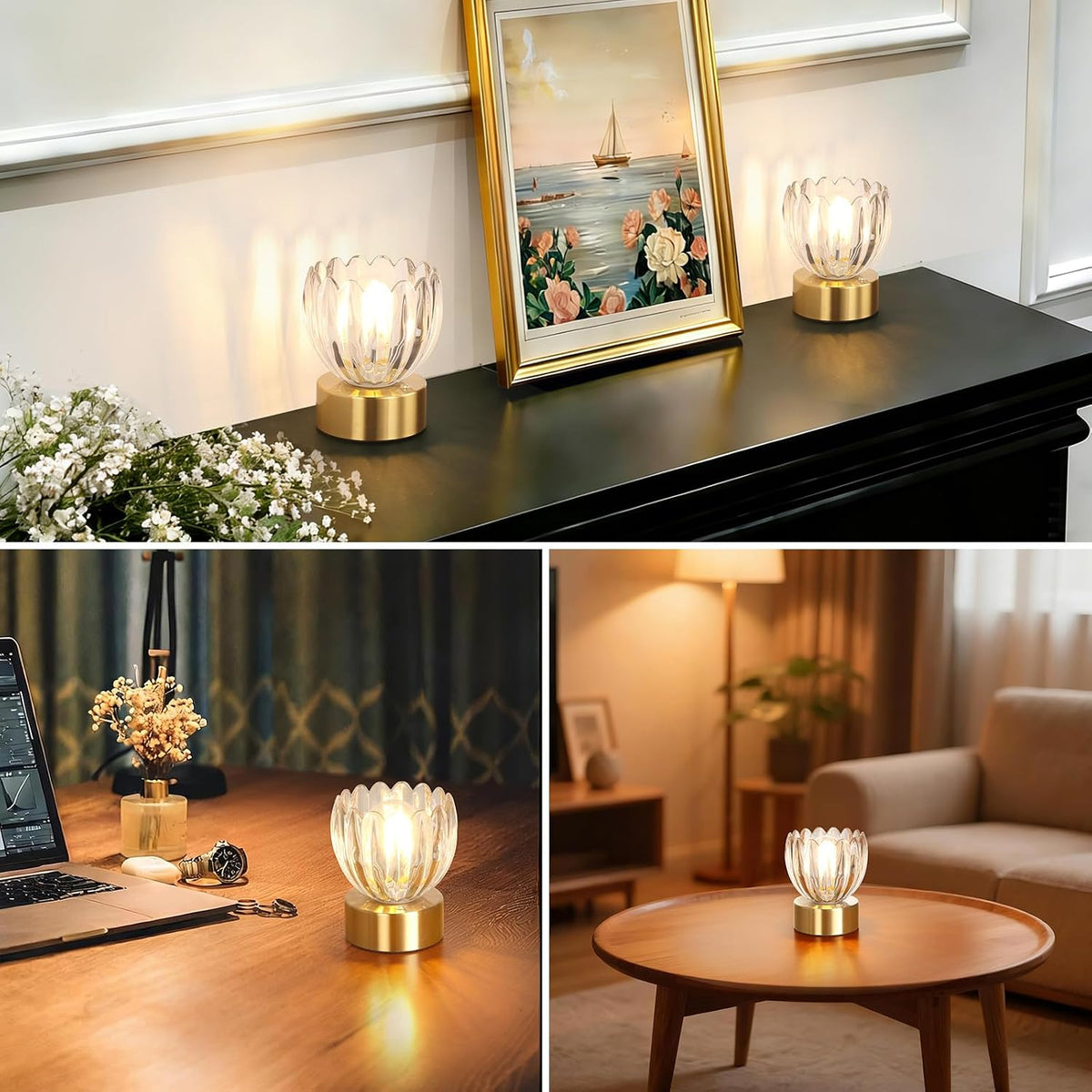 Shenmoyl Cordless Small Table Lamp with 5200mAh Battery & Touch Control, Battery Operated Tulip Table Lamp with 3