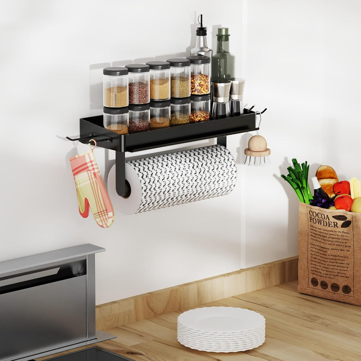YIGII Wall Mount Paper Towel Holder with Phone Stand, Garage Papertowel Holder with Shelf and 4 Extended Hooks, Heavy