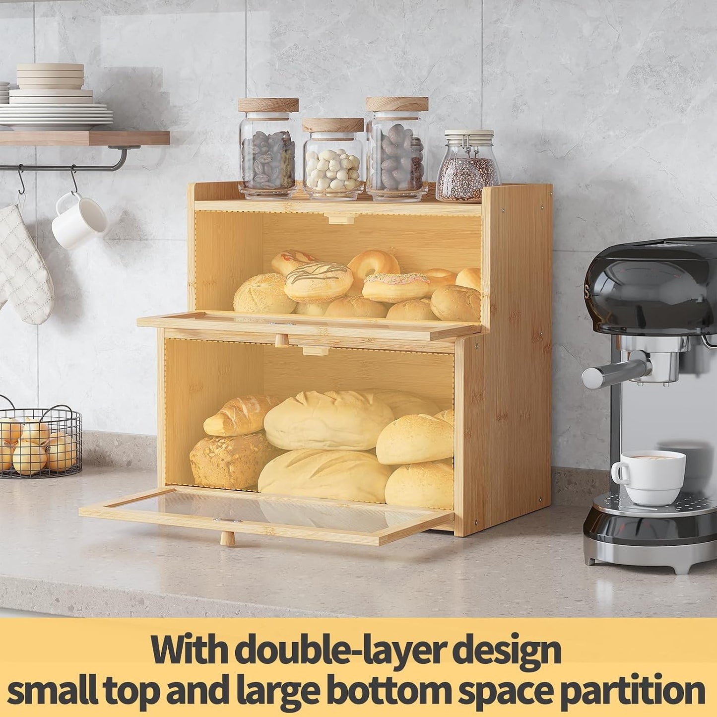 Double Layer Bamboo Bread Box for Kitchen Counter,Bread Holder,Countertop Bread Storage with Window (Natural)