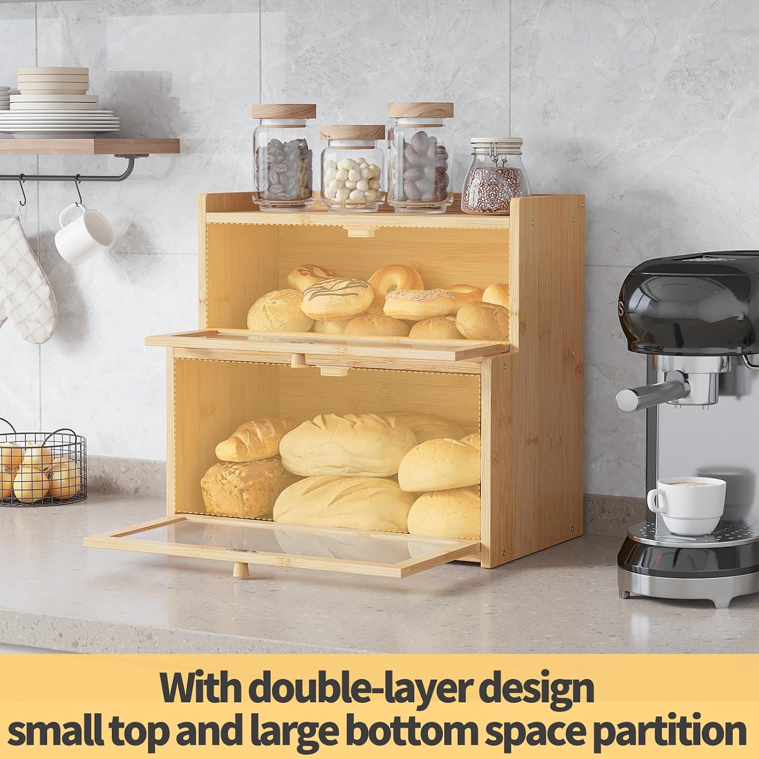 Double Layer Bamboo Bread Box for Kitchen Counter,Bread Holder,Countertop Bread Storage with Window (Natural)
