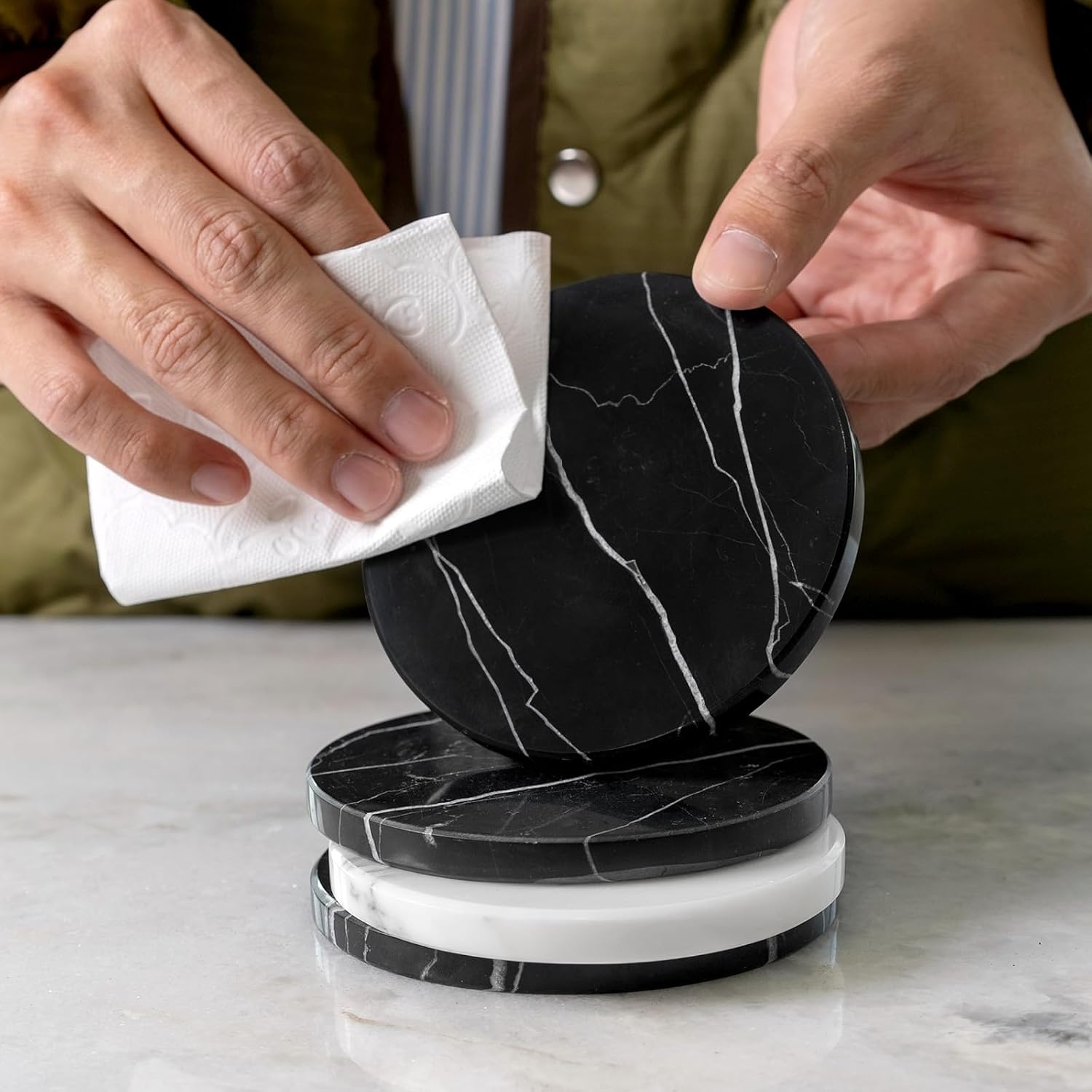 Black Marble Coasters / Nero Marquina Black / 3.9 Inch / Set of 6