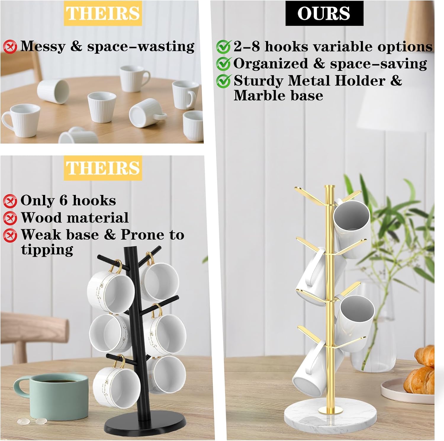 Gold Marble Mug Holder Tree with 2–8 Adjustable Hooks | Detachable Stainless Steel Coffee Cup Stand with Modular Height