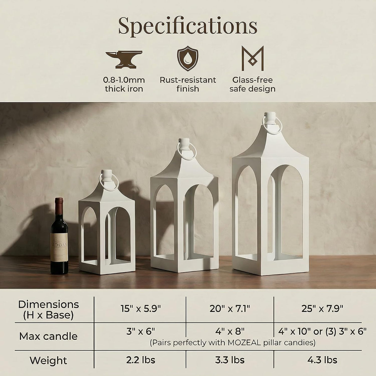 MOZEAL 20" Large Grace Spire Floor Lantern - White Heavy Metal No Glass - Rust-Resistant, in/Out Use, for