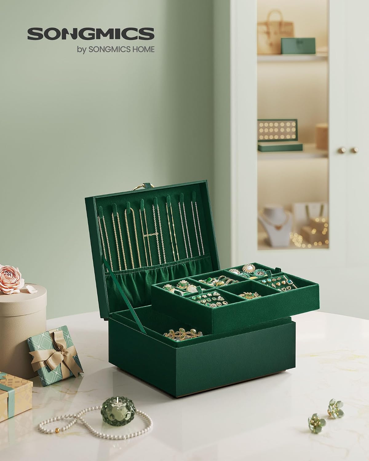 Jewelry Organizer / Removable Jewelry Tray / Forest Green
