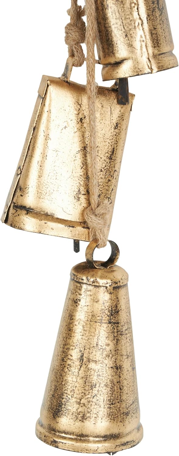Deco 79 Golden Bell Cluster | Indoor Tibetan Inspired Cascading Meditation Bell With 5 Bells On Jute Hanging Rope
