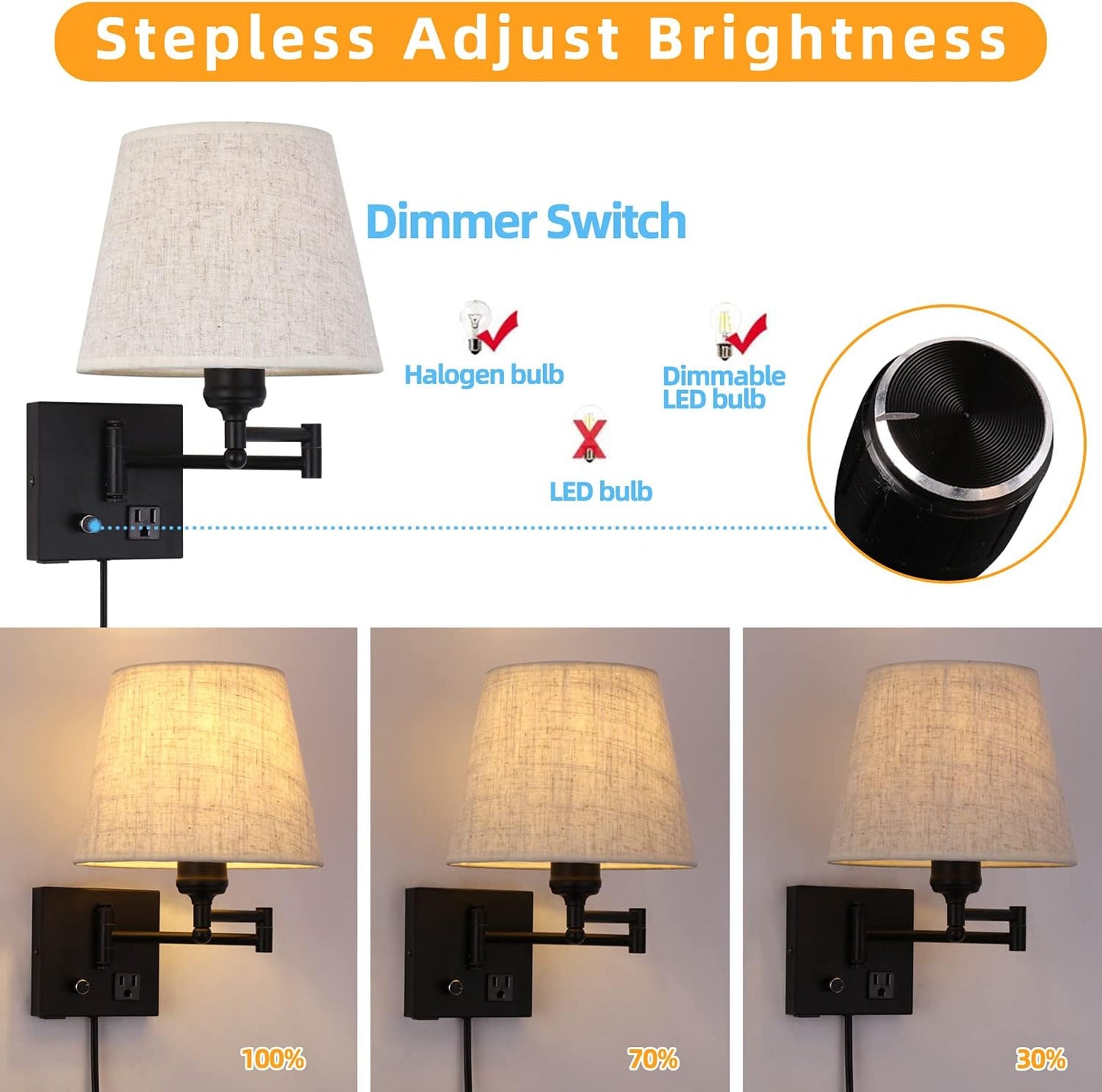 Bedside Wall Mount Light with Dimmable Switch and Outlet, Swing Arm Fabric Shade Wall Sconce Light with USB Port and