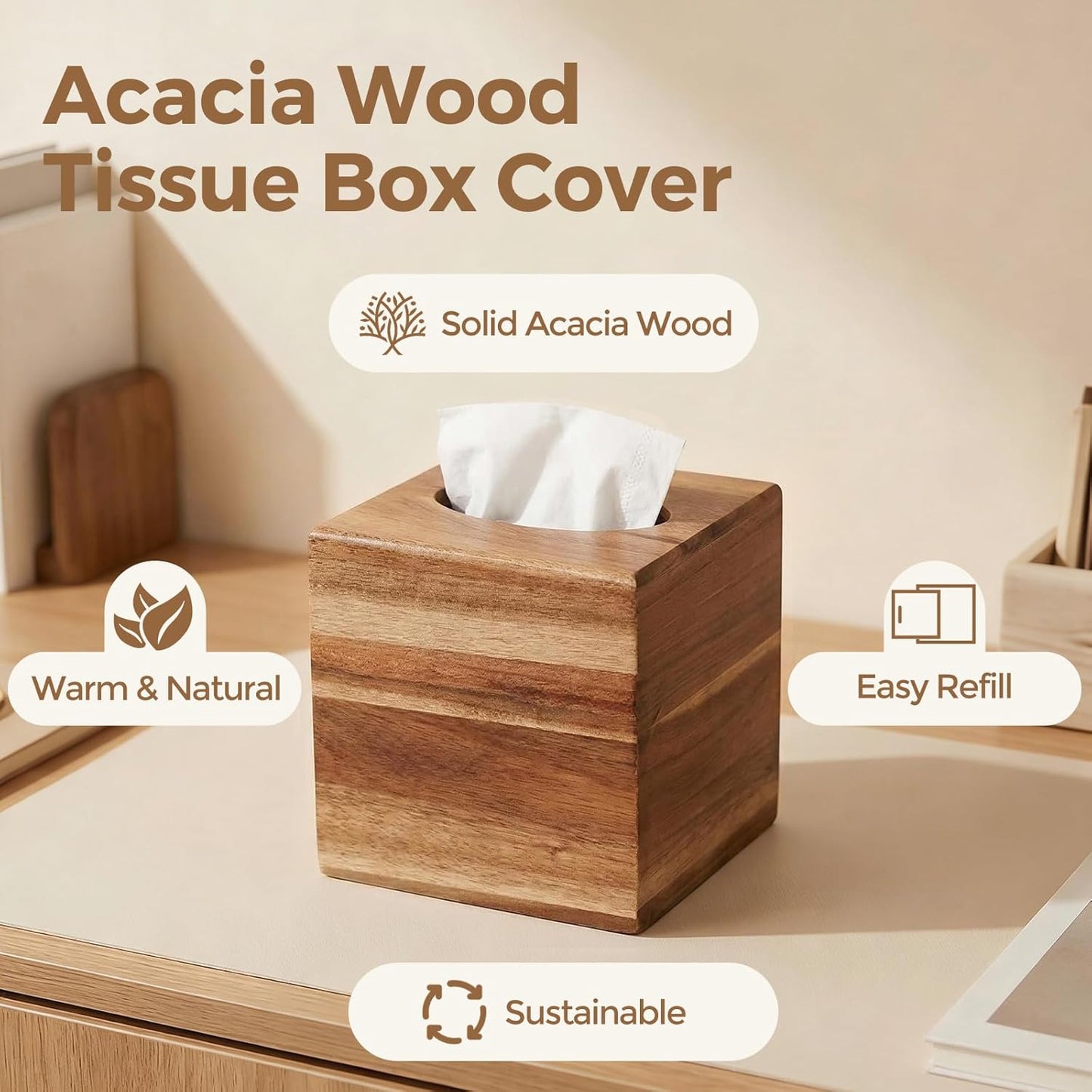 Acacia Wood Tissue Box Cover / Natural Acacia