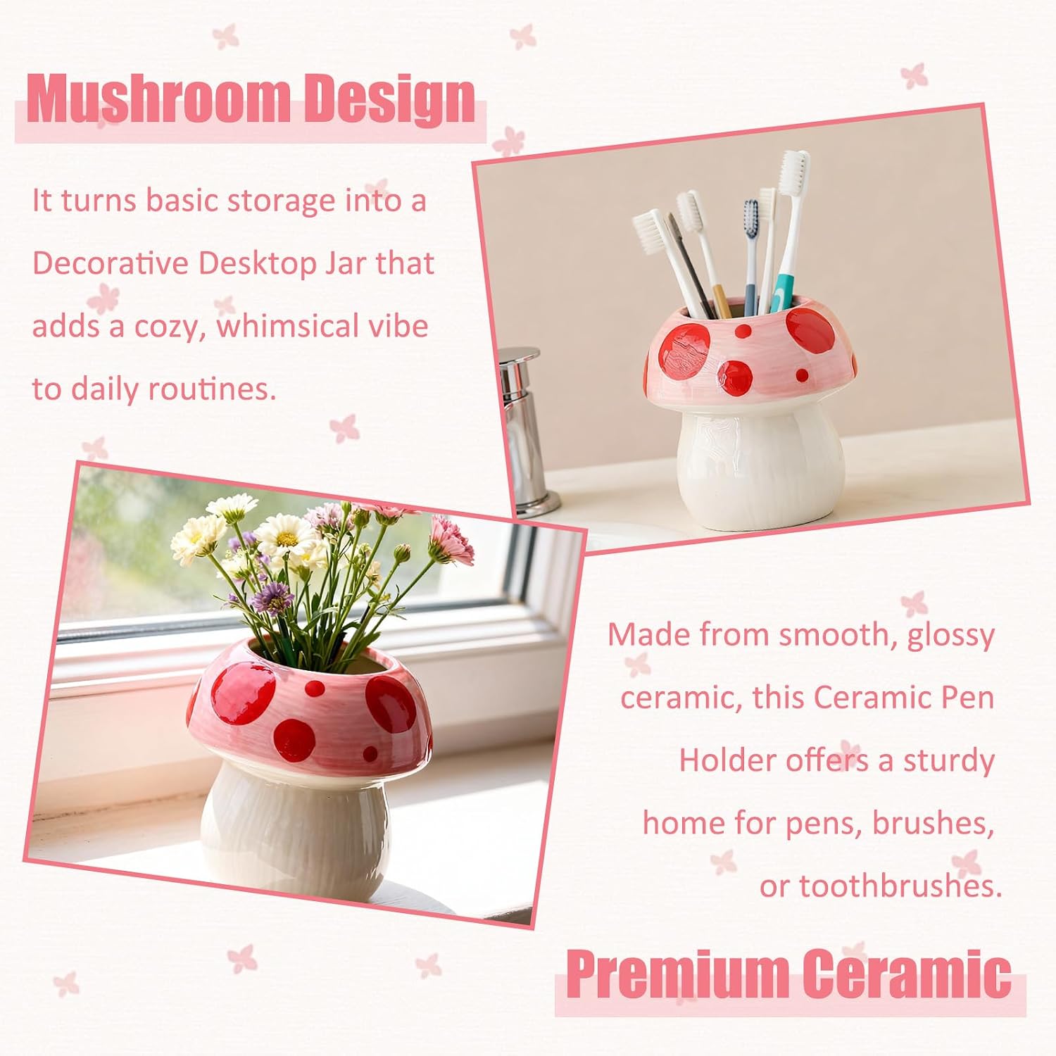 Mushroom Shaped Ceramic Pen Holder / PINK