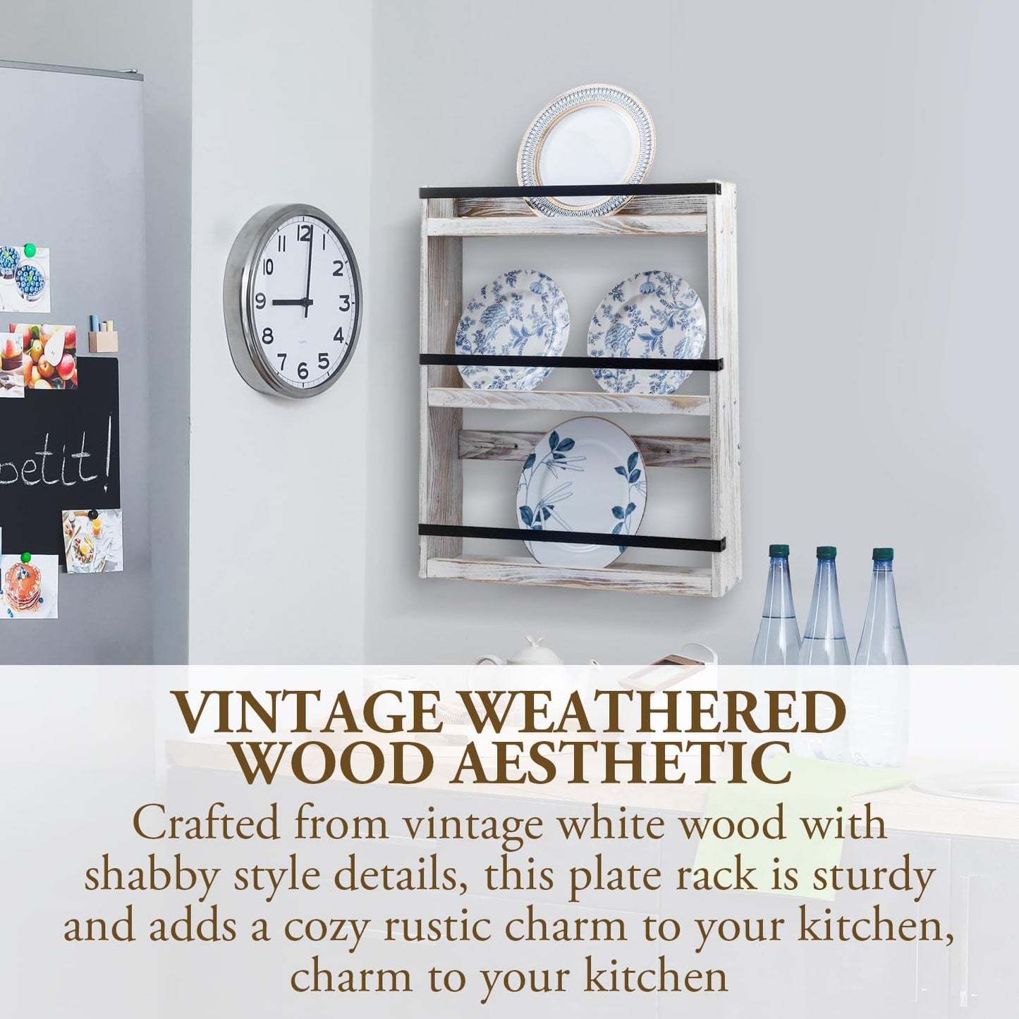 MyGift Wall Plate Display Rack, 3 Tier Farmhouse Whitewashed Wood Wall Mounted Plate Storage Rack, Holds 6-10inch Plates