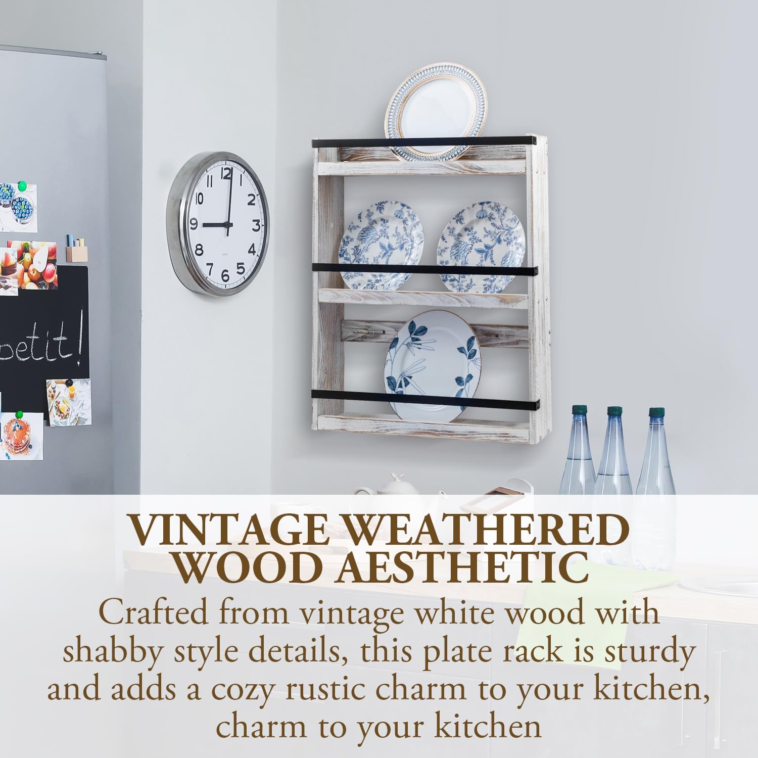 MyGift Wall Plate Display Rack, 3 Tier Farmhouse Whitewashed Wood Wall Mounted Plate Storage Rack, Holds 6-10inch Plates