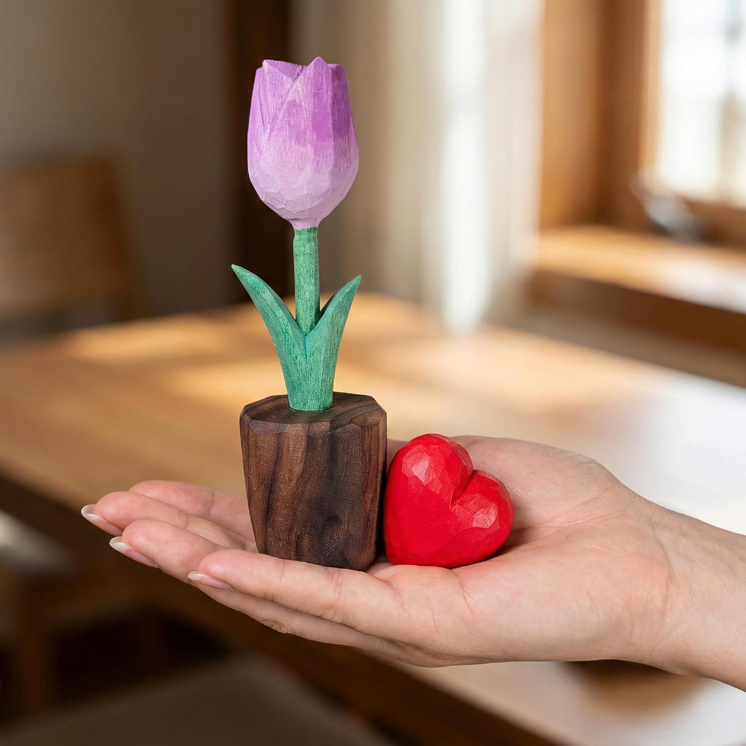 Hand Carved Wooden Tulip Flower / Lavender Purple