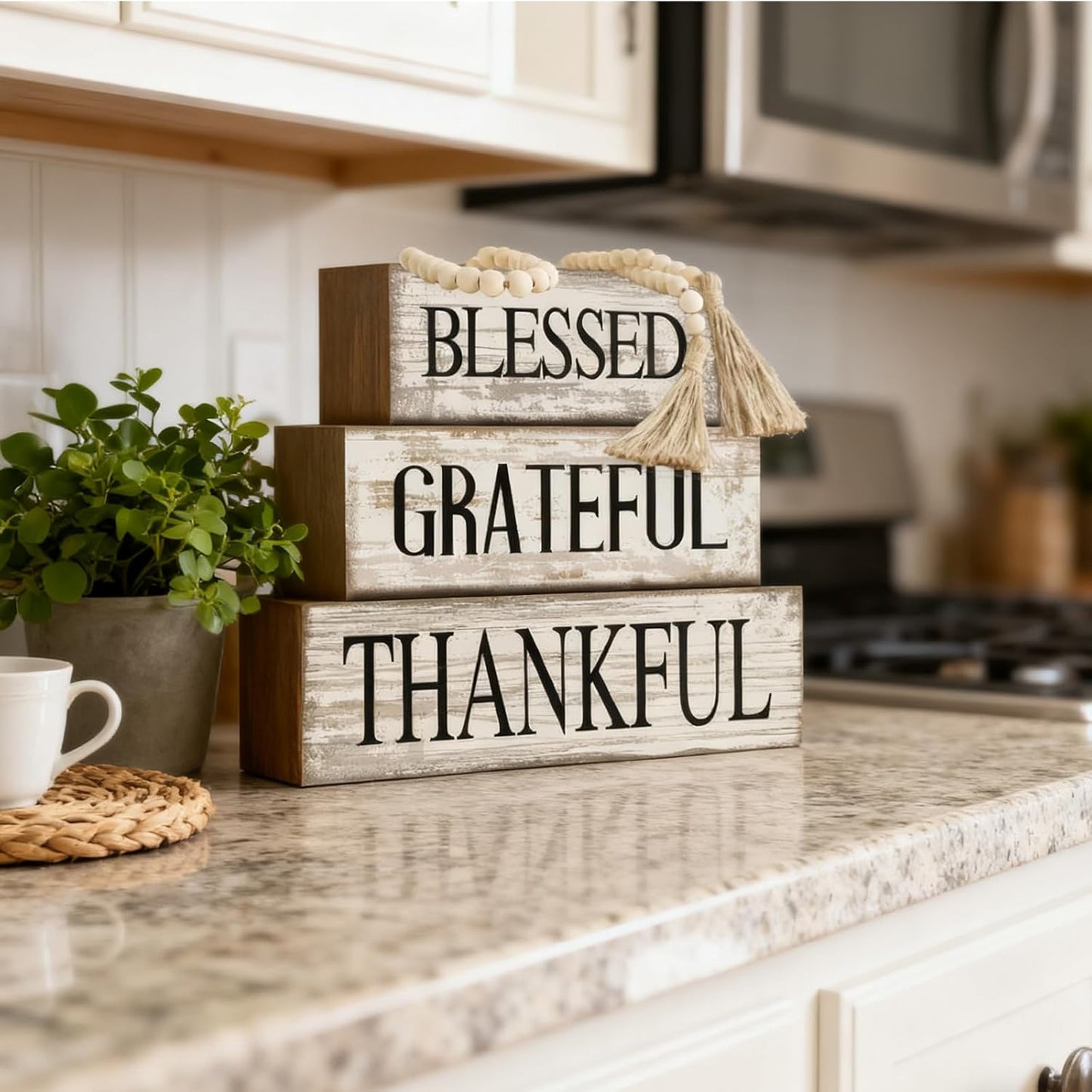 Farmhouse Wooden Tabletop Decor Neutral Farmhouse Tiered Tray Decor Rustic / Blessed / Set of 4
