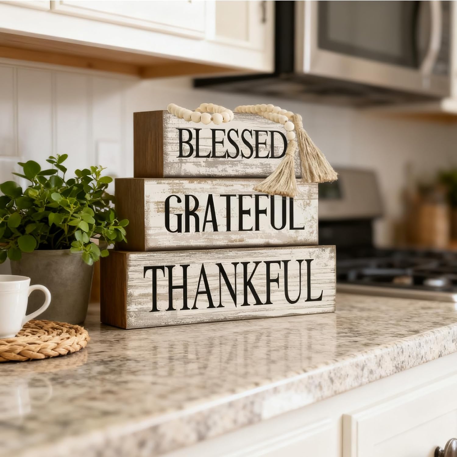 Farmhouse Wooden Tabletop Decor Neutral Farmhouse Tiered Tray Decor Rustic / Blessed / Set of 4