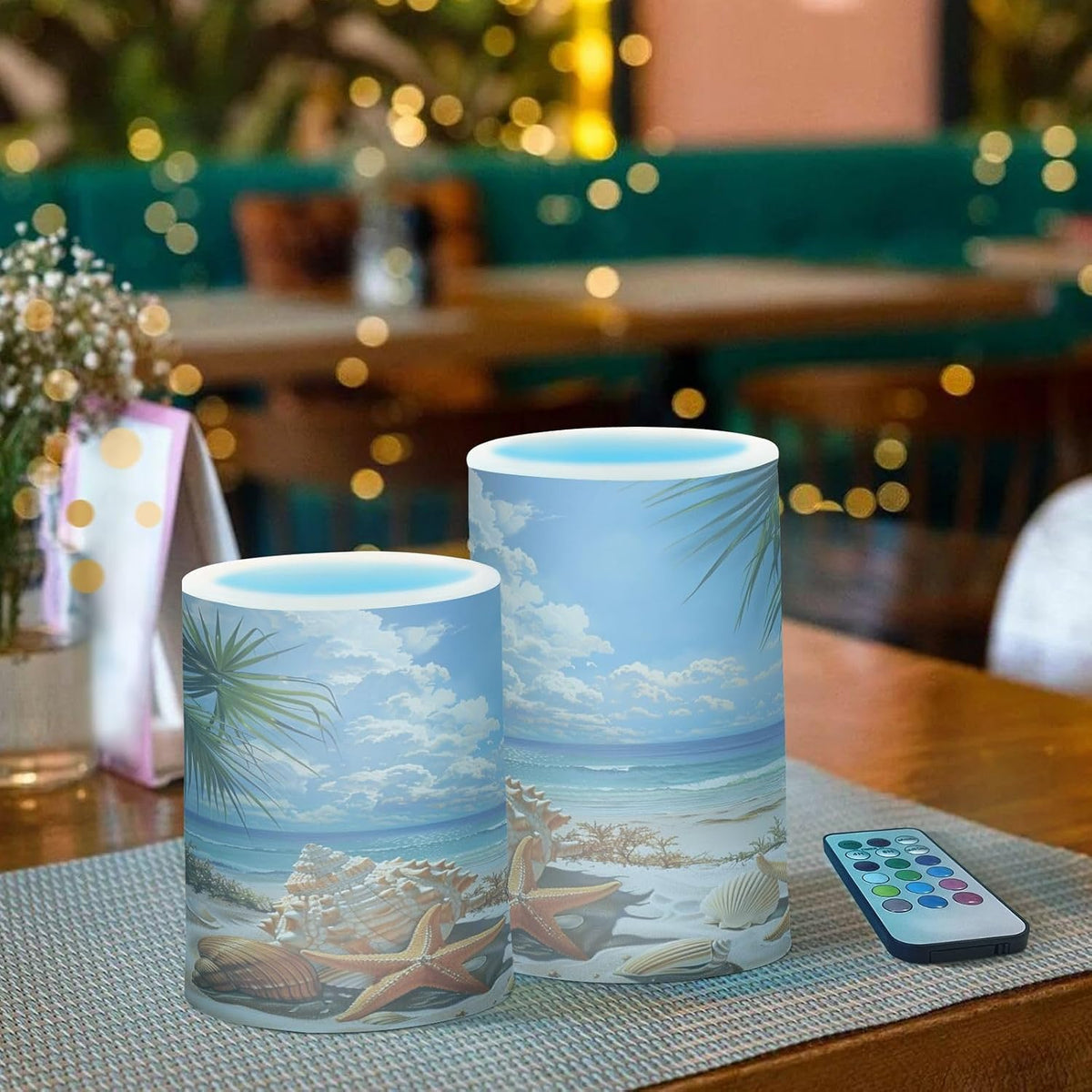 Flickering Flameless Candles, Starfish Seashell Beach Palm LED Candles with Remote Timer, Set of 2 Battery Operated