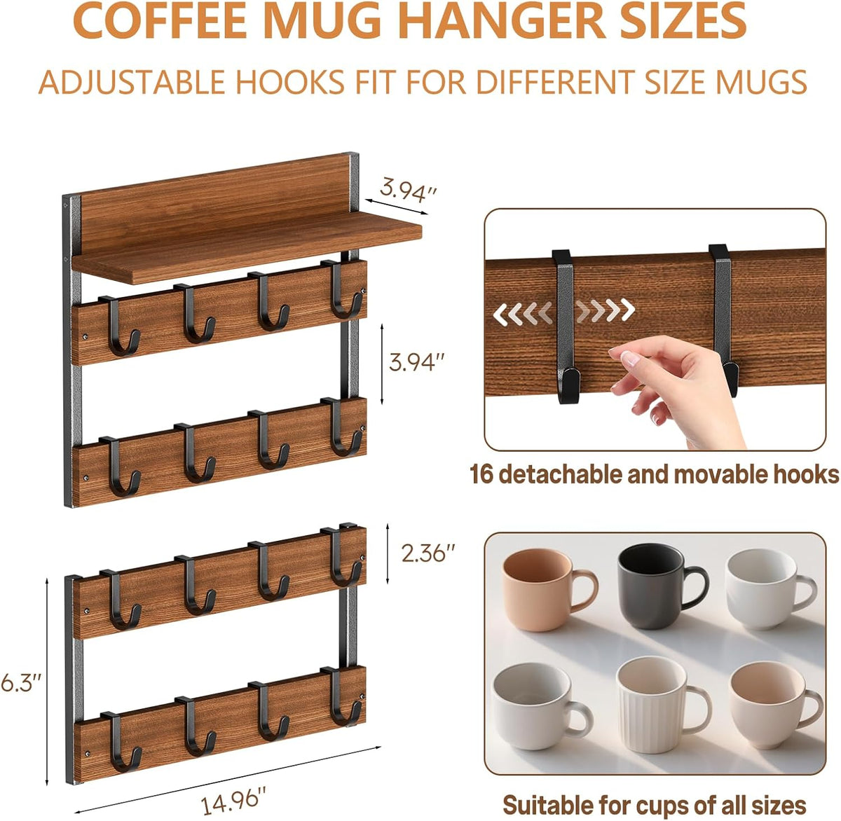 2-in-1 Coffee Cup Holder Wall Mounted with 16 Adjustable Hooks | 4-Tier Coffee Mug Holder Wall Mount with Display