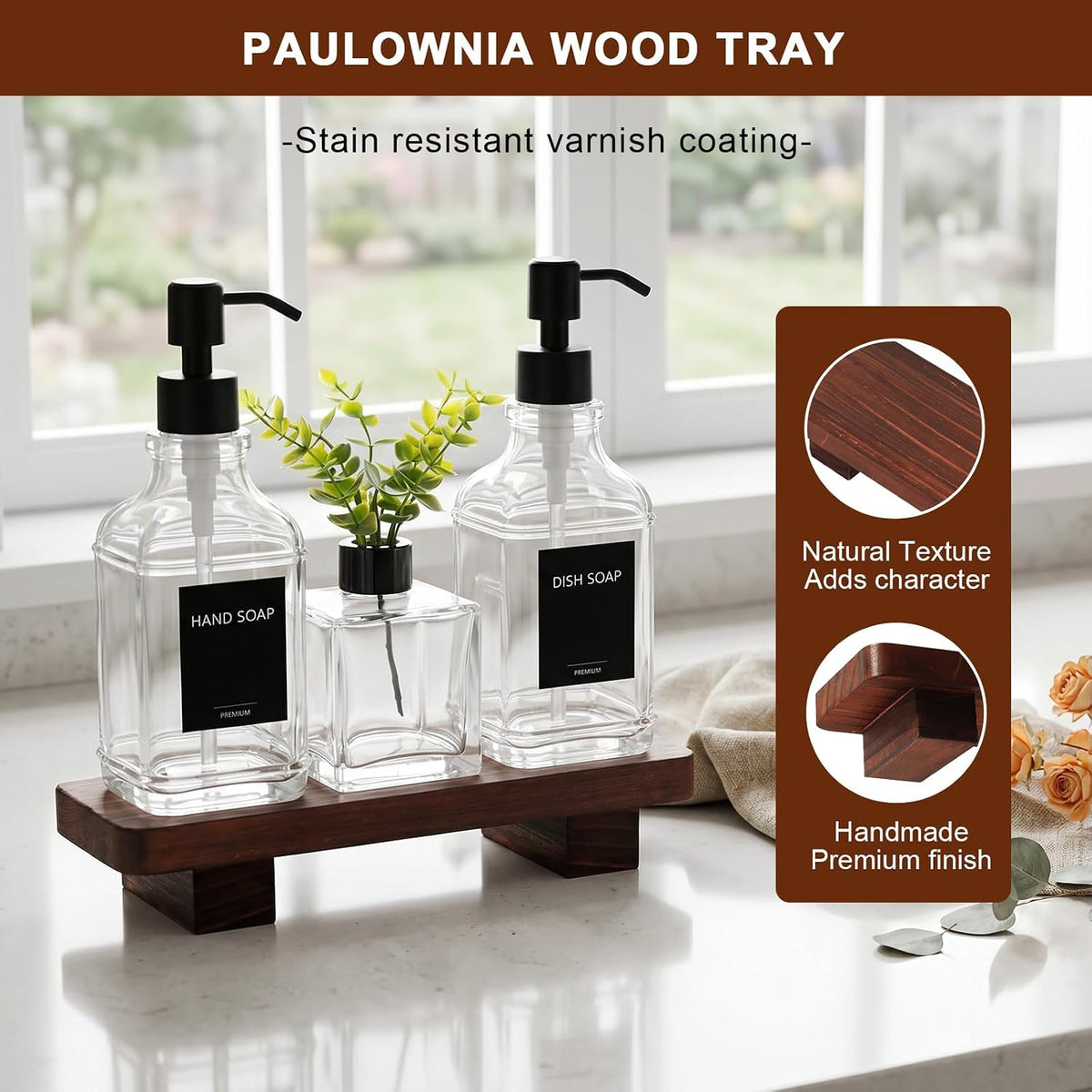 Kitchen Soap Dispenser Set with Wood Tray, Clear Glass Soap Dispenser with Pump, Decorative Hand and Dish Soap