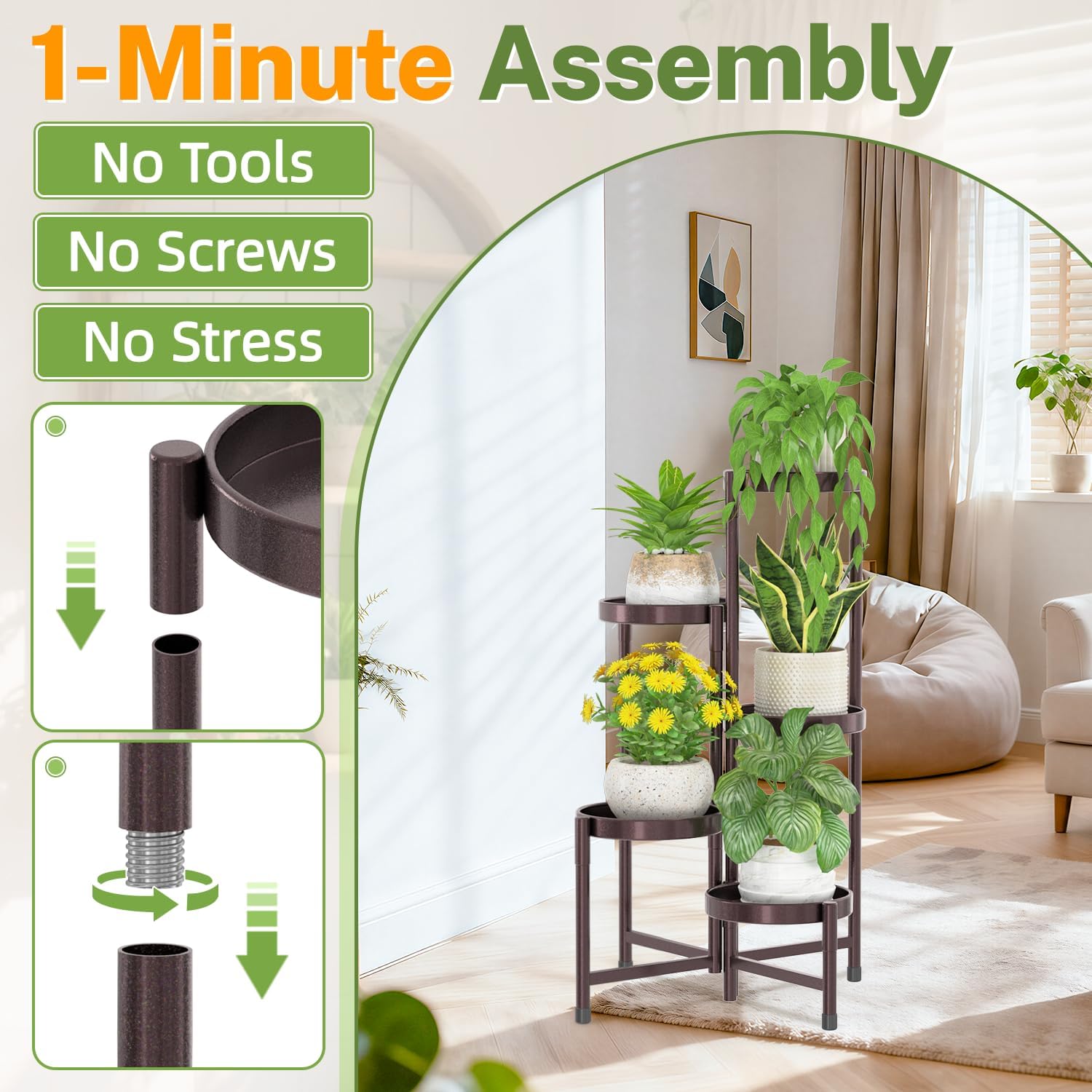 iDavosic.ly Plant Stand Indoor Outdoor, 5 Tier Metal Corner Shelf, Bronze | Tiered Flower Display Holder, Folding Multi