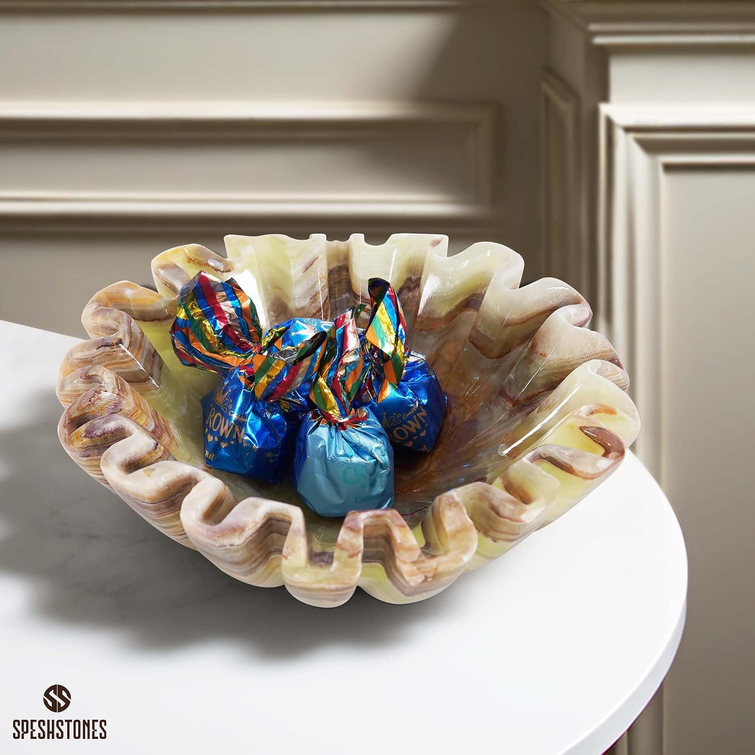 Marble Scalloped Bowl Handmade Onyx Ruffle Bowl / Green / 6 Inches