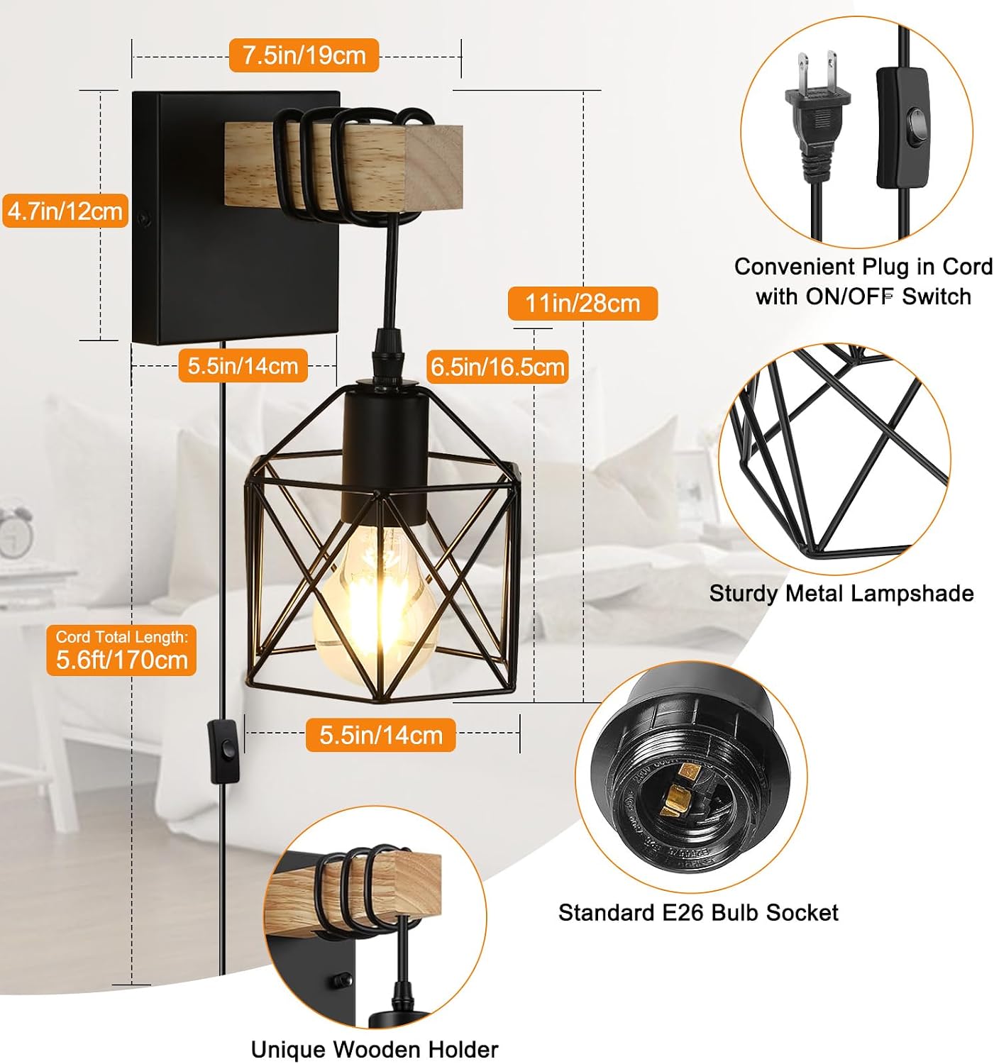 Lightess Farmhouse Plug in Wall Sconces Lamps for Bedroom Set of 2 | Easy Plug In Installation Without Wiring Work