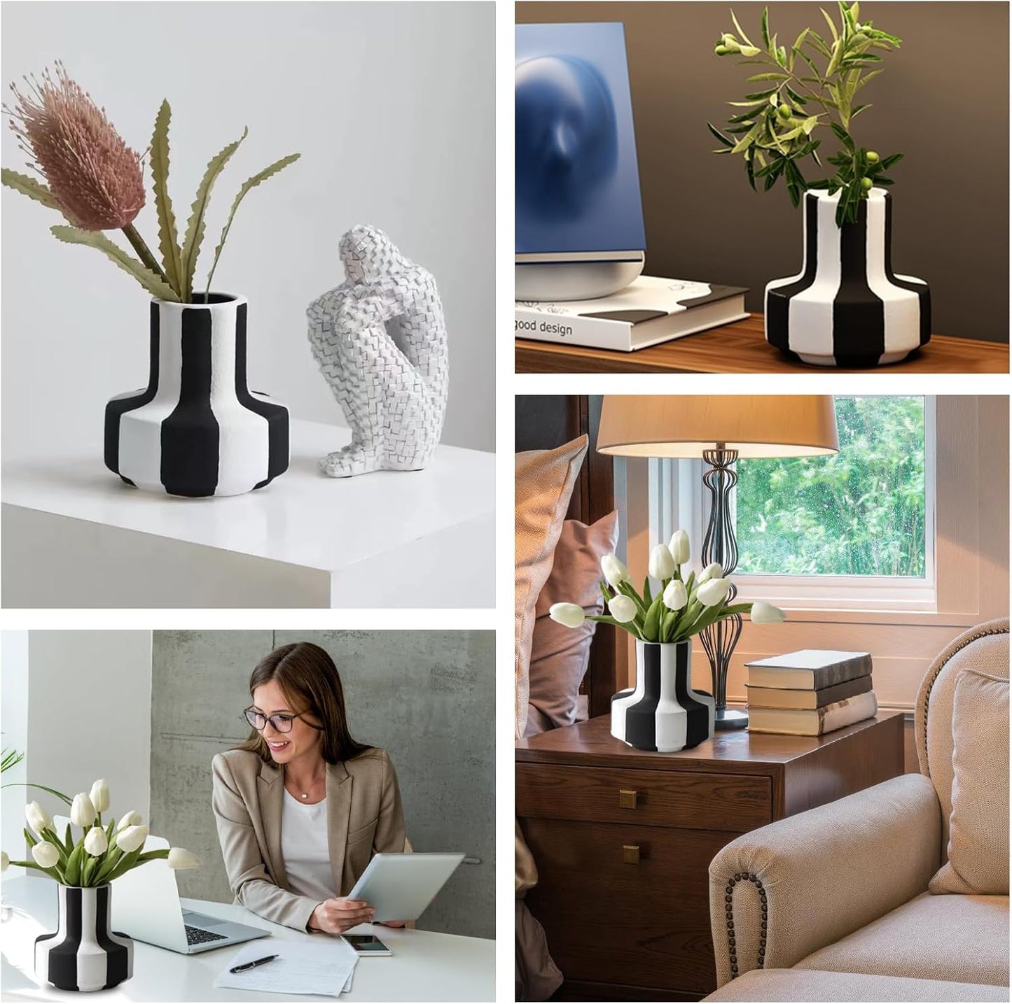 Modern Nordic and White Striped Ceramic Vase / Black