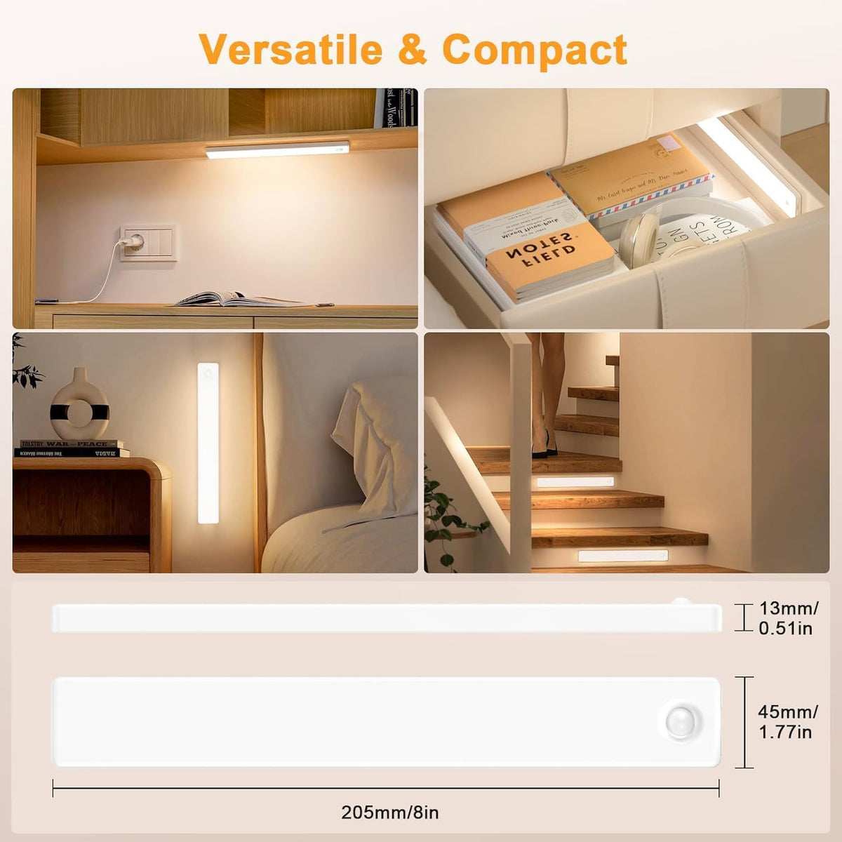 6 Pack Under Cabinet Lighting, USB Rechargeable Motion Sensor Light Indoor, Battery Operated Closet Light, LED Cabinet