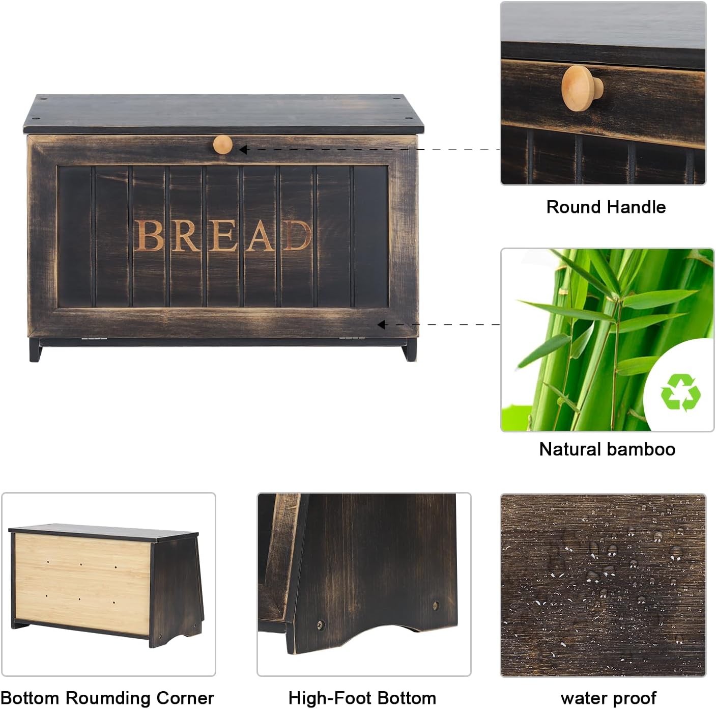 HOMEKOKO Vintage Wood Bread Box for Kitchen Counter,Retro Storage Bin,Black | Retro Farmhouse Style, Holds 2 Loaves