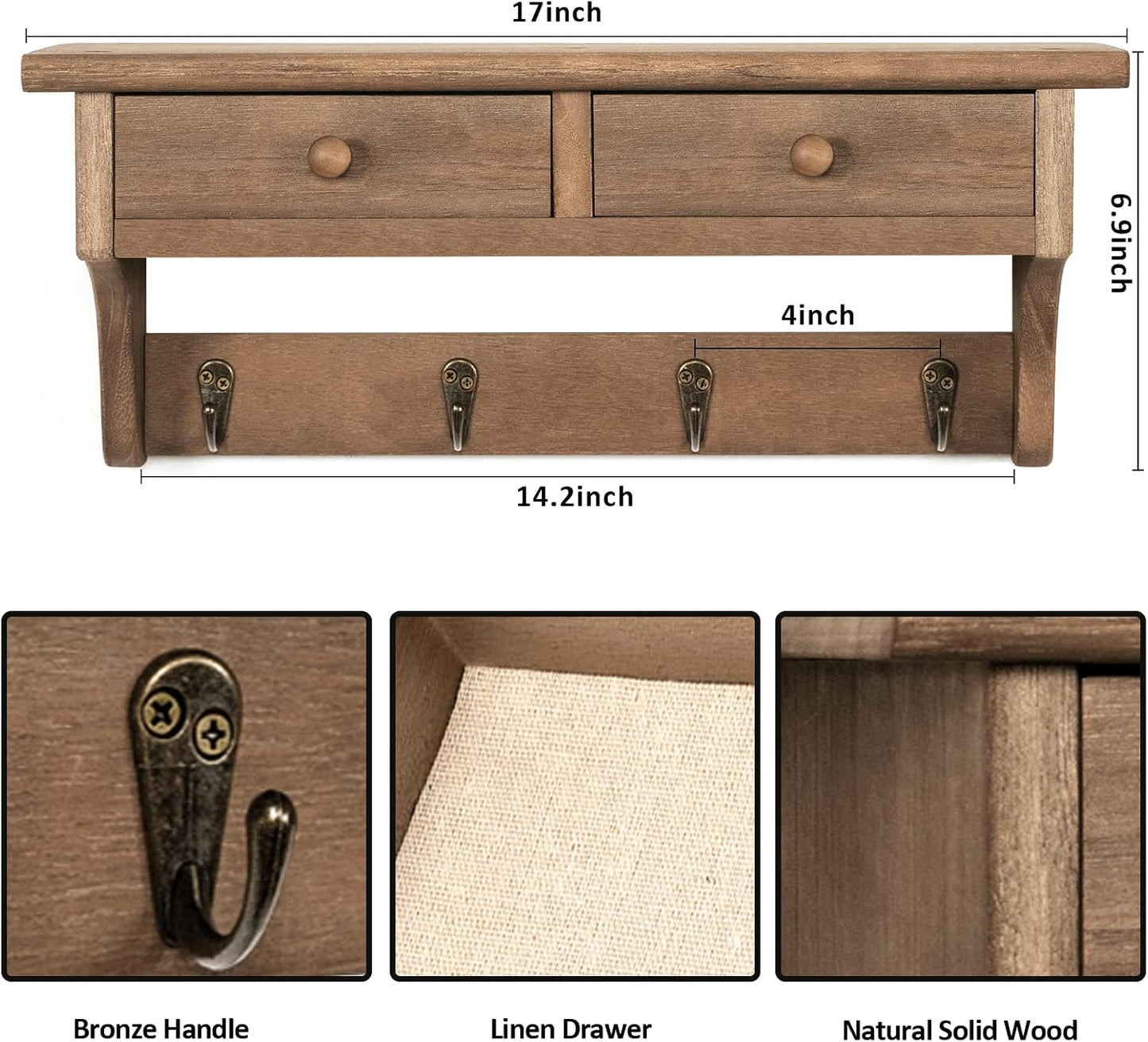 Emfogo Coat Hooks Mounted, Rustic Wood Coat Rack Mount Shelf with Hooks, Farmhouse Coat Rack with Shelf & Coat Hook for
