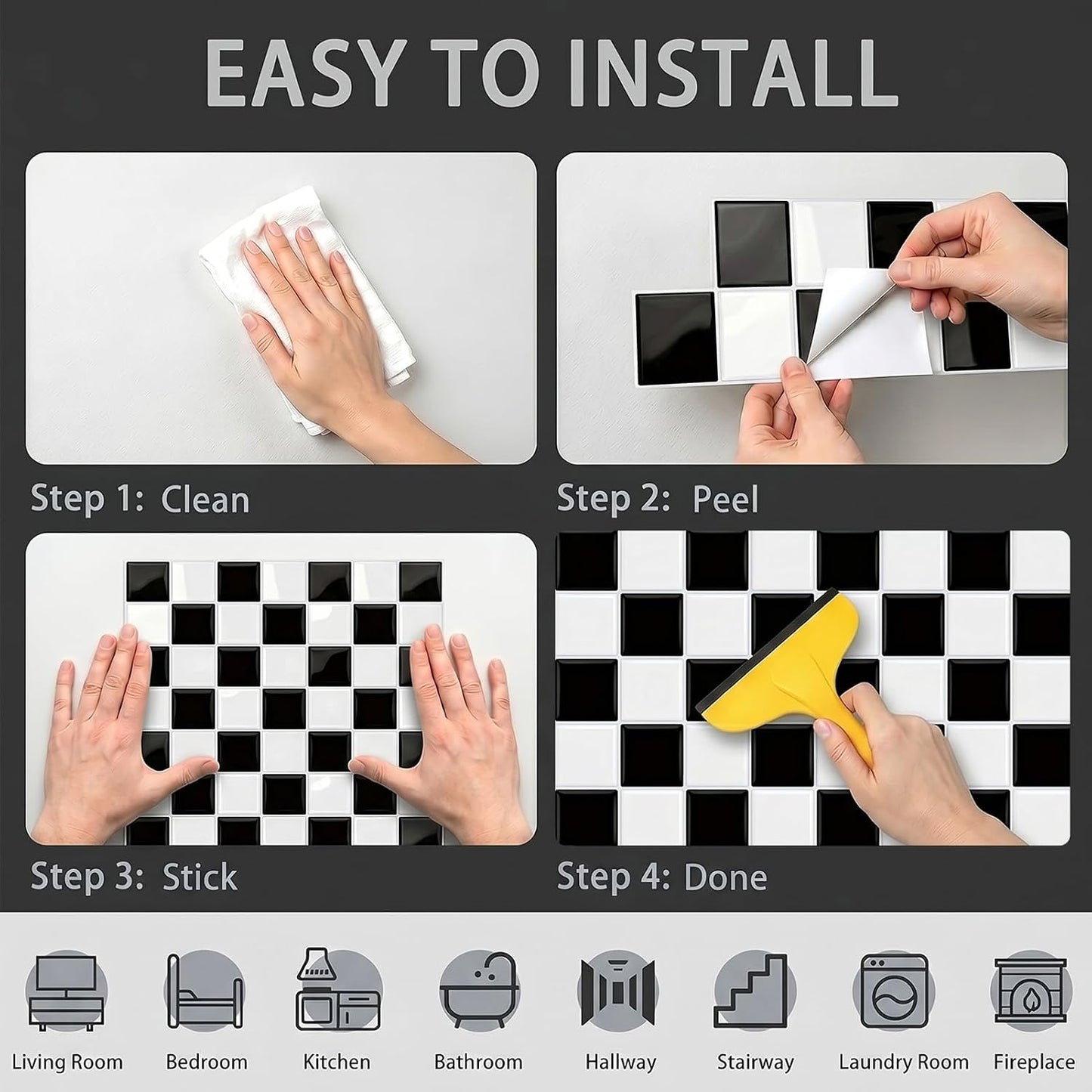 Peel and Stick Backsplash Subway Tiles / 10PC 9"L x 9"W / Checkered 1 / Black