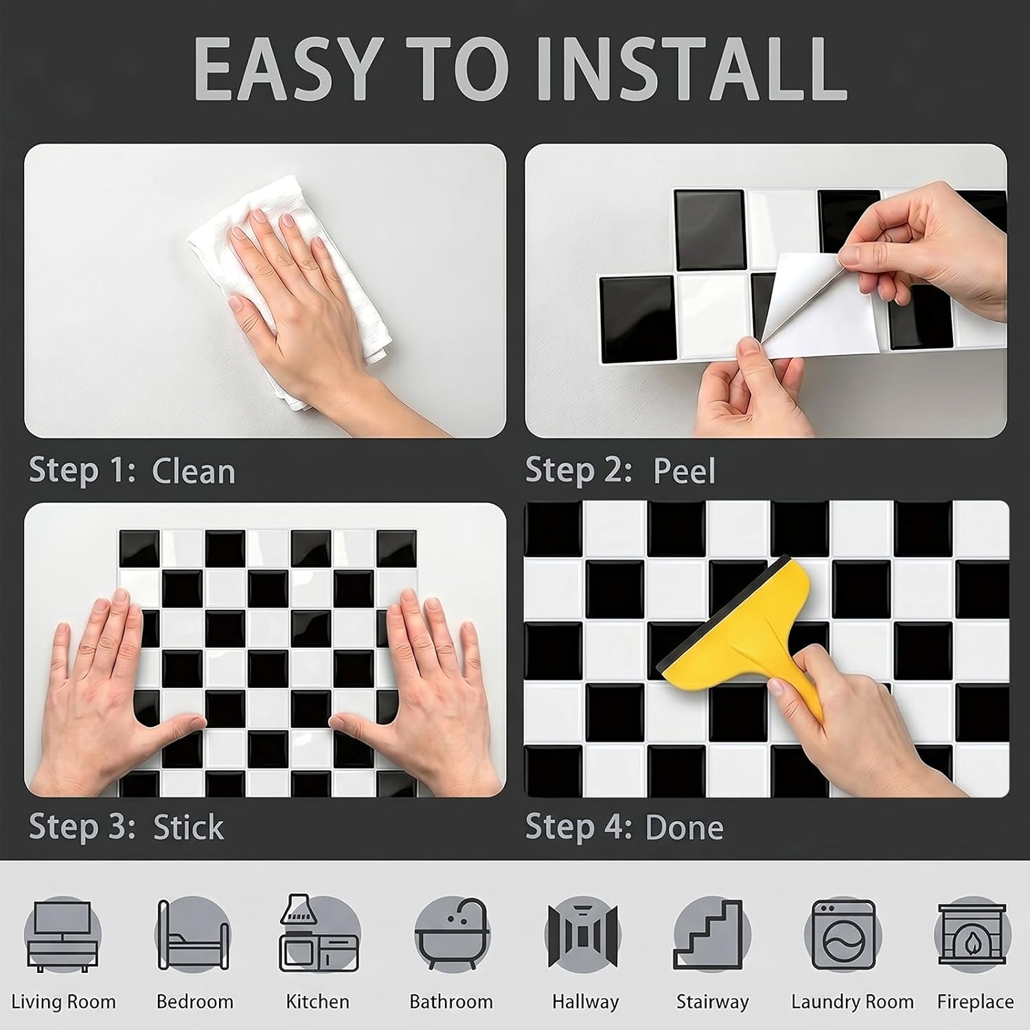 Peel and Stick Backsplash Subway Tiles / 10PC 9"L x 9"W / Checkered 1 / Black
