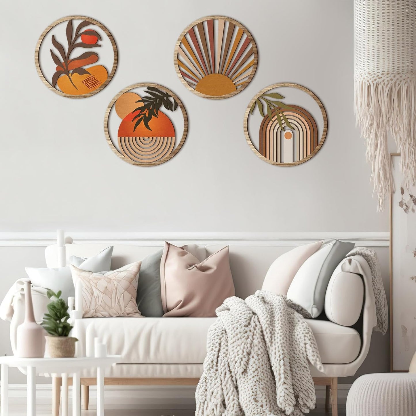 Boho Wall Art Bohemian Wooden Round Circle Wall Decor Hollow out Hanging / Stylish / Set of 4