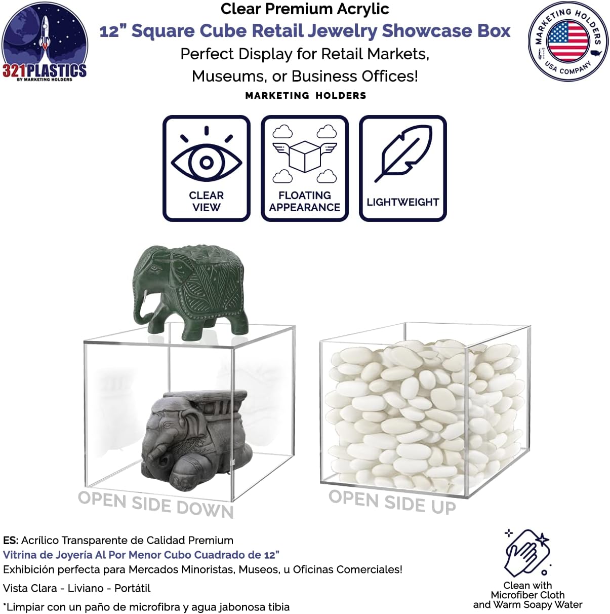 12" Acrylic Display Riser Box with One Open Side No Lid Versatile Clear Glossy Square Lucite Retail Product Platform or