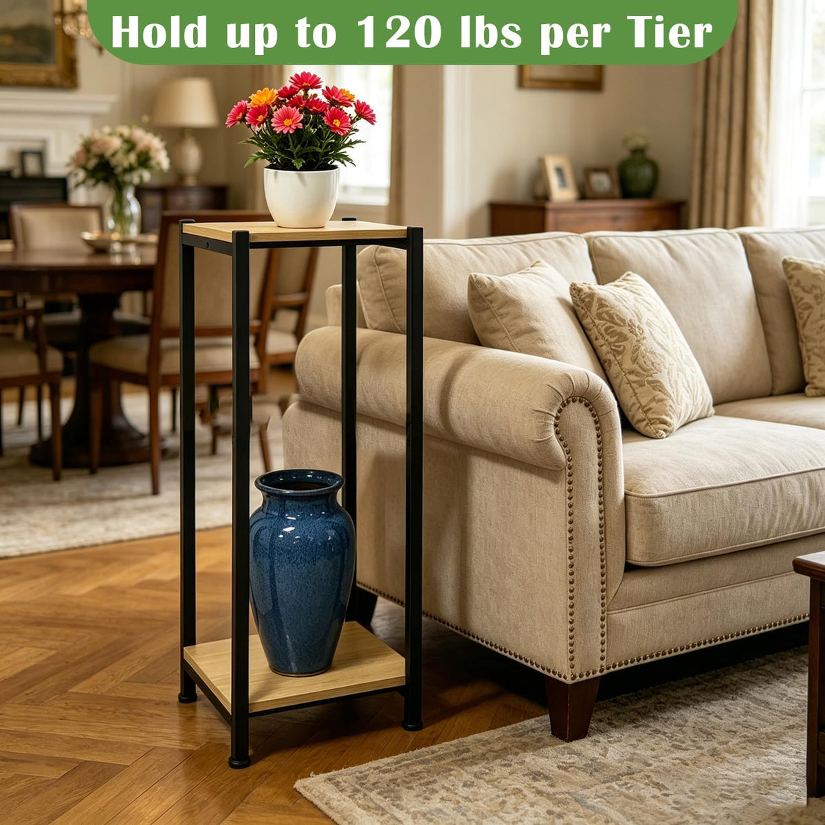 Dipion 31 Inch Tall Plant Stand Indoor,2 Tier Pedestal Stand,Yellow Oak | Rock-Solid Stability,Adjustable Feet,0.8x0.8"