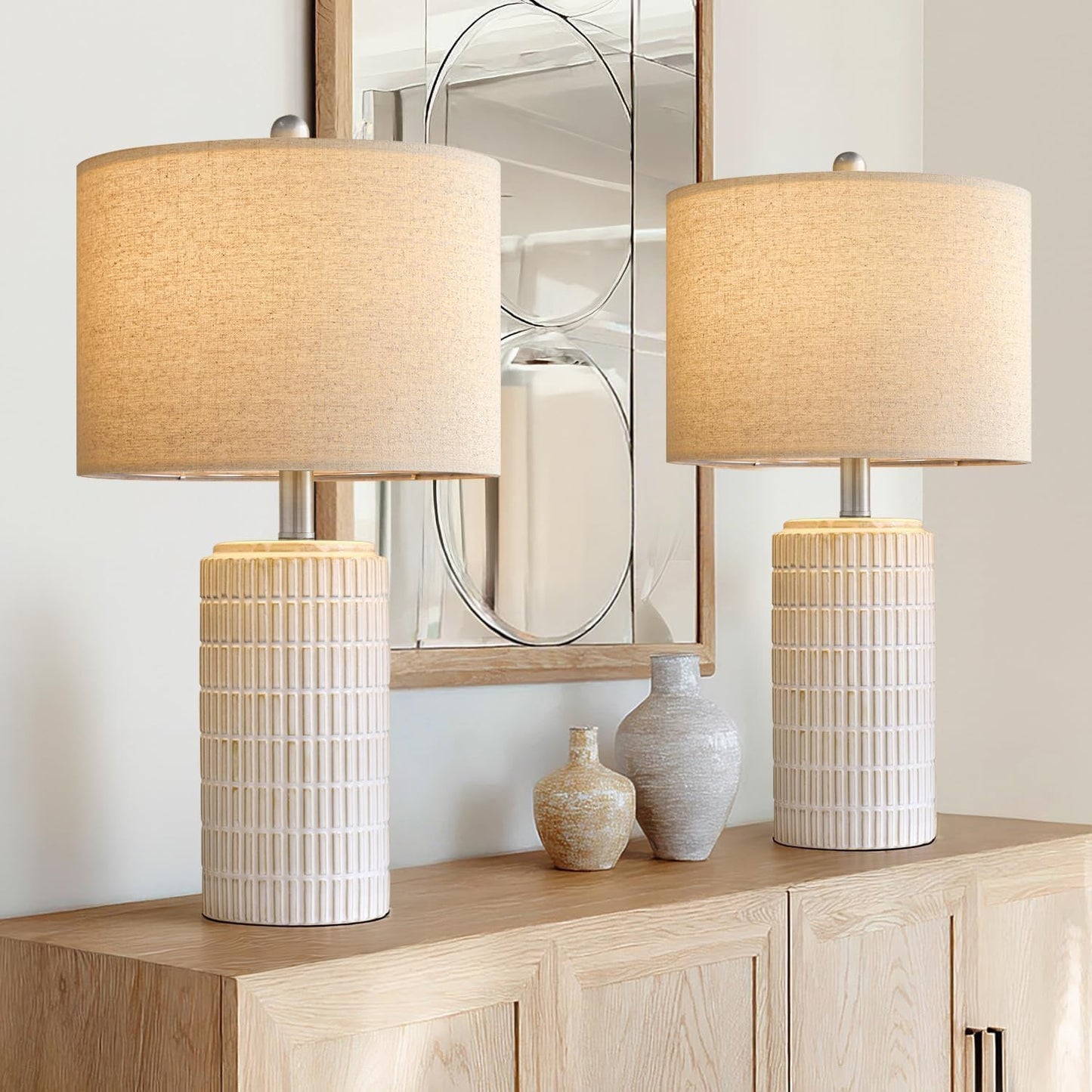 PoKat 24" Modern Ceramic Table Lamps Set of 2 for Bedroom, White Bedside Lamps for Night Stands, Farmhouse Desk Decor