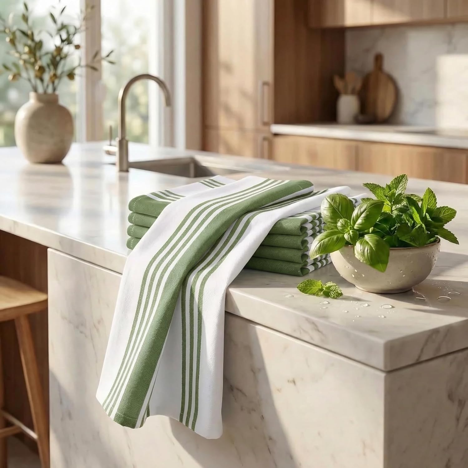 Urban Villa Kitchen Towels Cotton Dish Towels 20”x30” (Set of 6) Green Wht