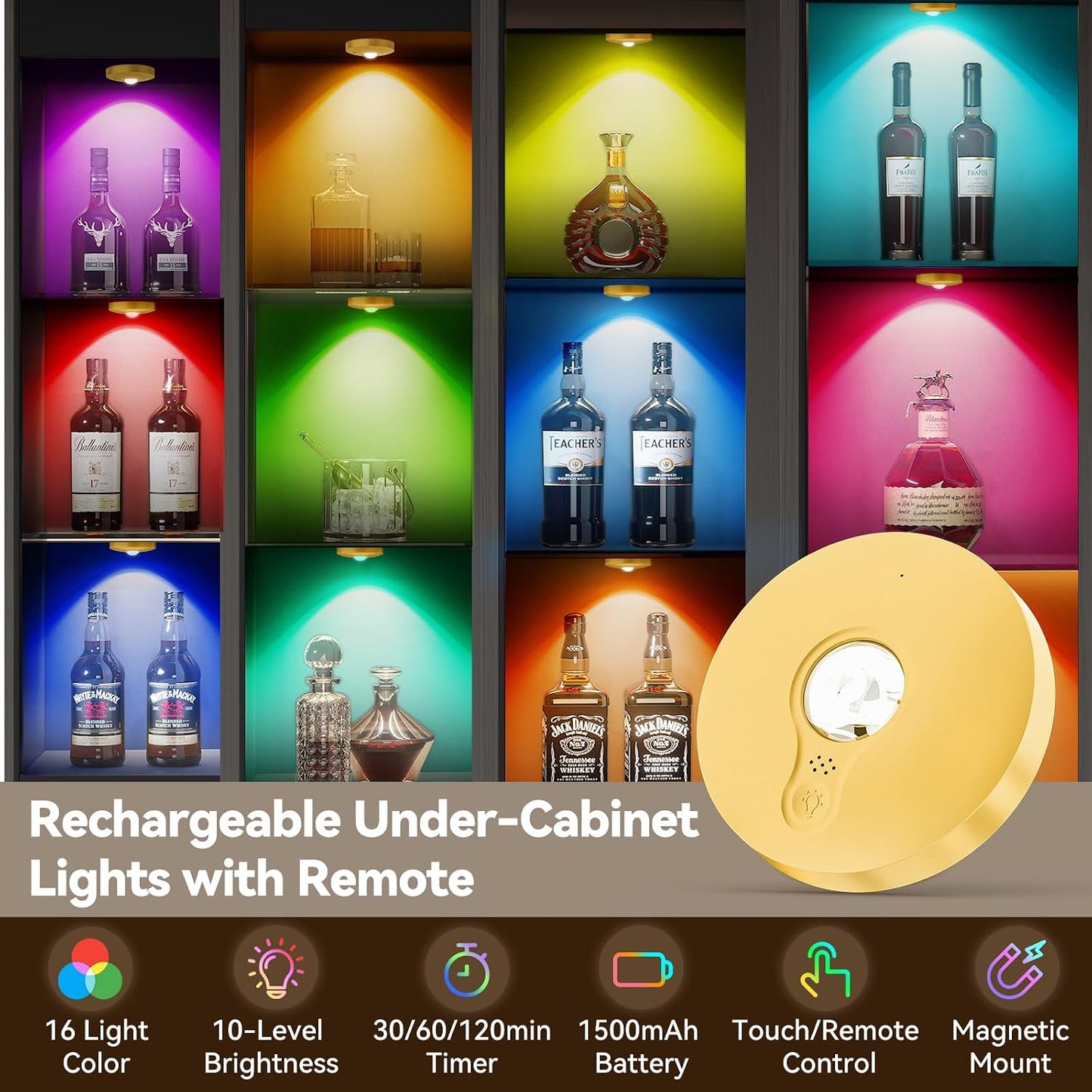 Rechargeable Puck Lights with Remote, 12 Pack Magnetic Under Cabinet Lighting, 1500mAh Battery Operated LED Tap Lights