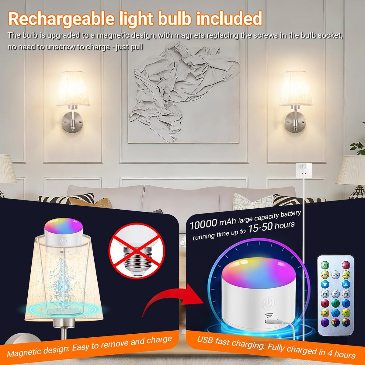 YHCDLAMP Peel and Stick Wall Sconces, No Drilling Stick On Wall Sconce, Wireless Battery Operated Wall Lights, Adhesive