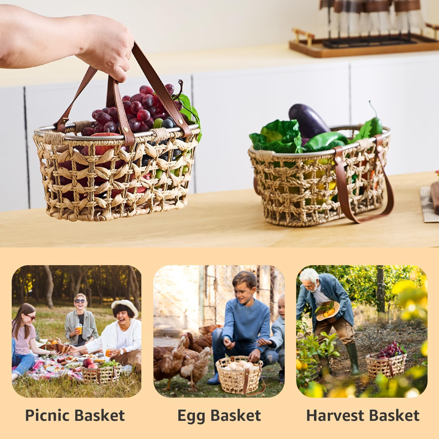 Farmhouse Seagrass Egg Baskets for Collecting Fresh Eggs Handmade Egg Collecting / Oval-seagrass