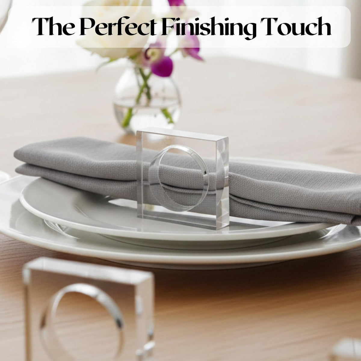 Acrylic Square Napkin Rings, Beveled, 12-Pack, Clear | Premium clear acrylic, 2.25x2.25x0.5 in each, glossy