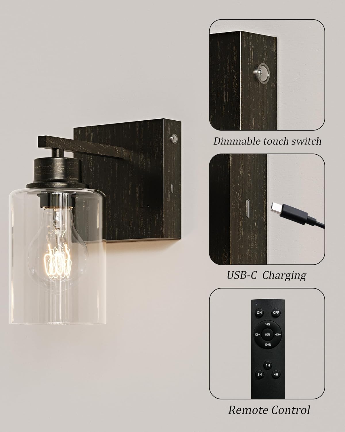 Rayogale Wireless Battery Operated Wall Sconce Set of 2 with Remote Control | Retro Industrial Black Brass Dimmable