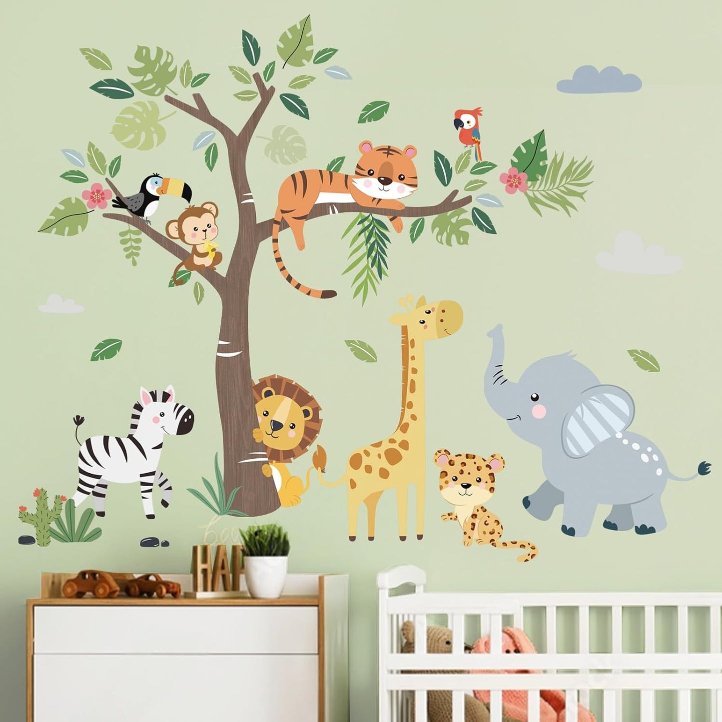 Jungle Animals Tree Wall Decals Elephant Giraffe Lion Safari Wall Stickers Baby Nursery Kids / C