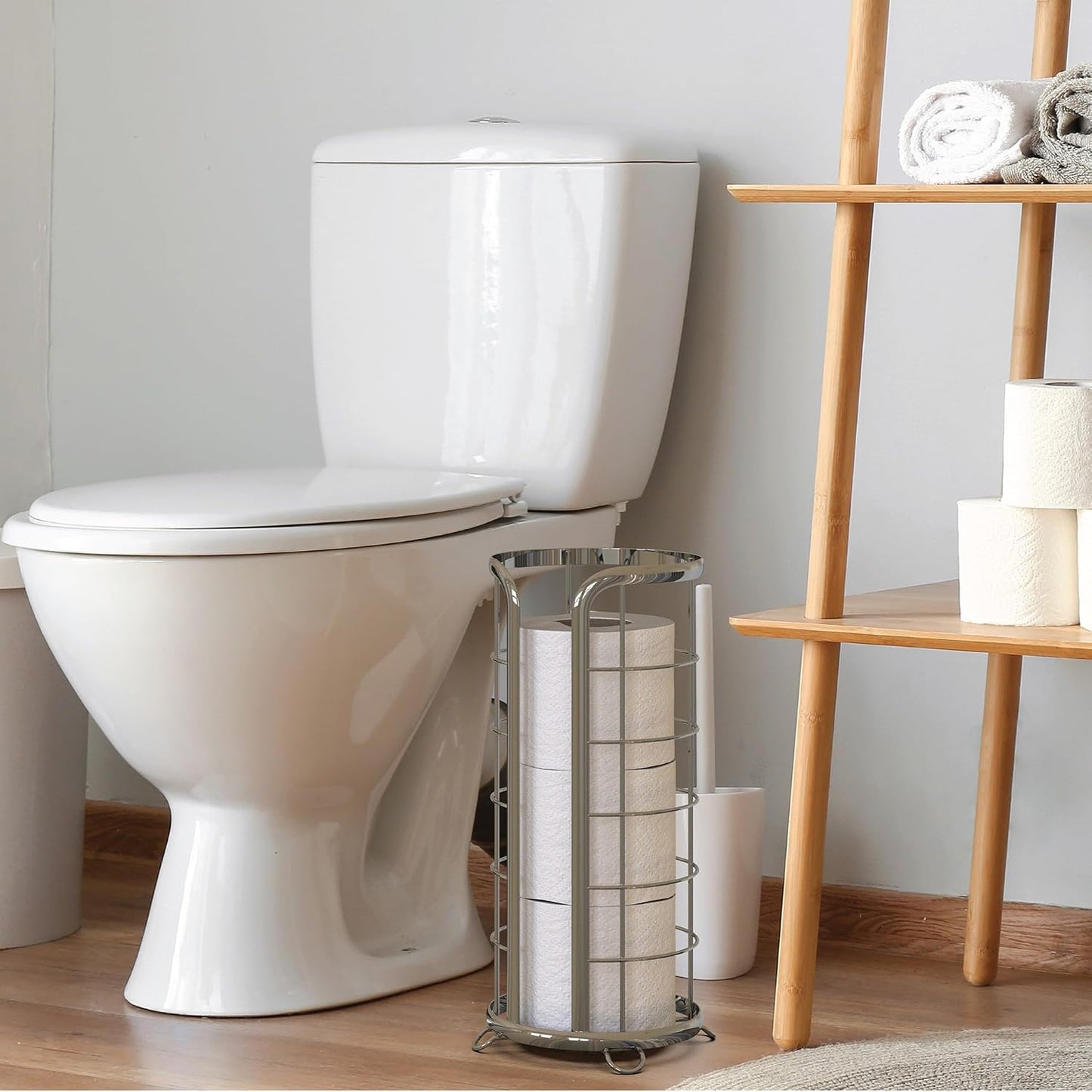 BROOKSTONE, Shiny Chrome Toilet Paper Holder, Freestanding Bathroom Tissue Organizer, Minimalistic Storage Solution