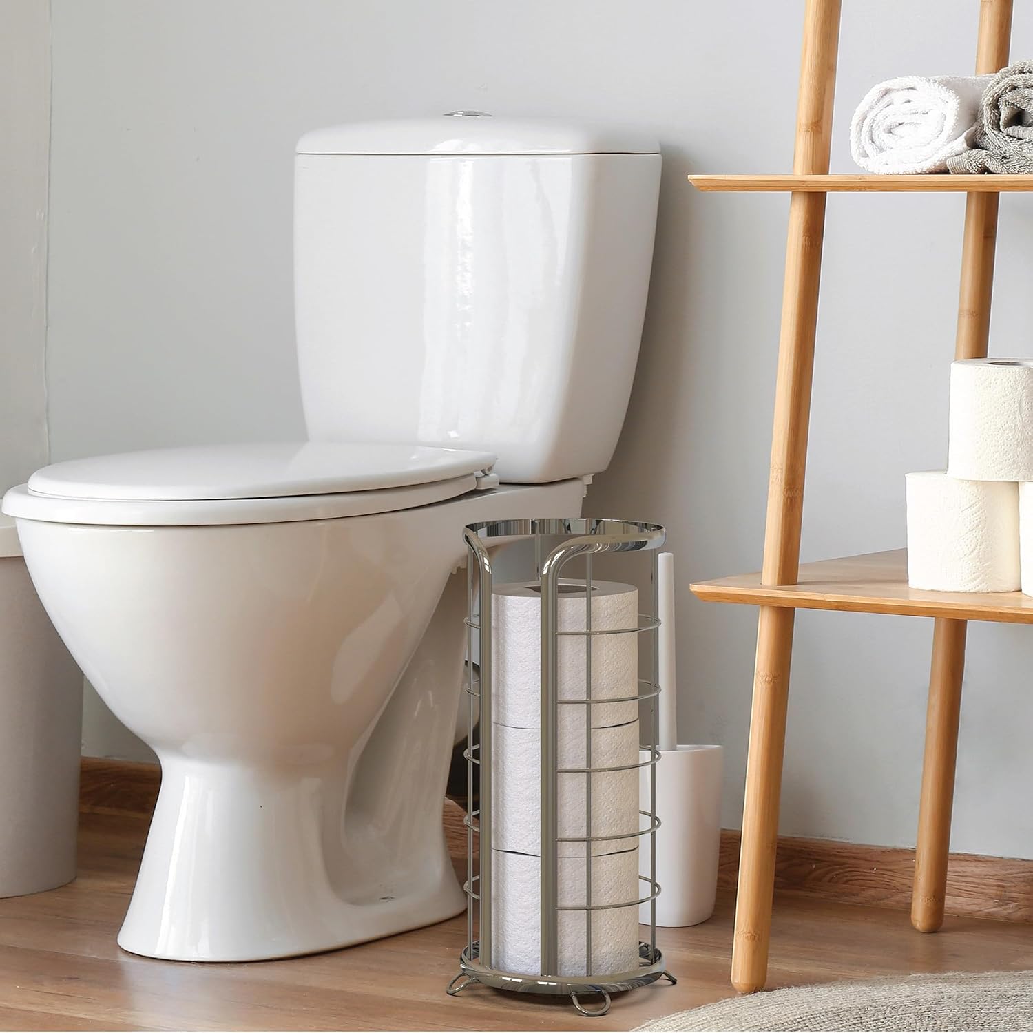 BROOKSTONE, Shiny Chrome Toilet Paper Holder, Freestanding Bathroom Tissue Organizer, Minimalistic Storage Solution